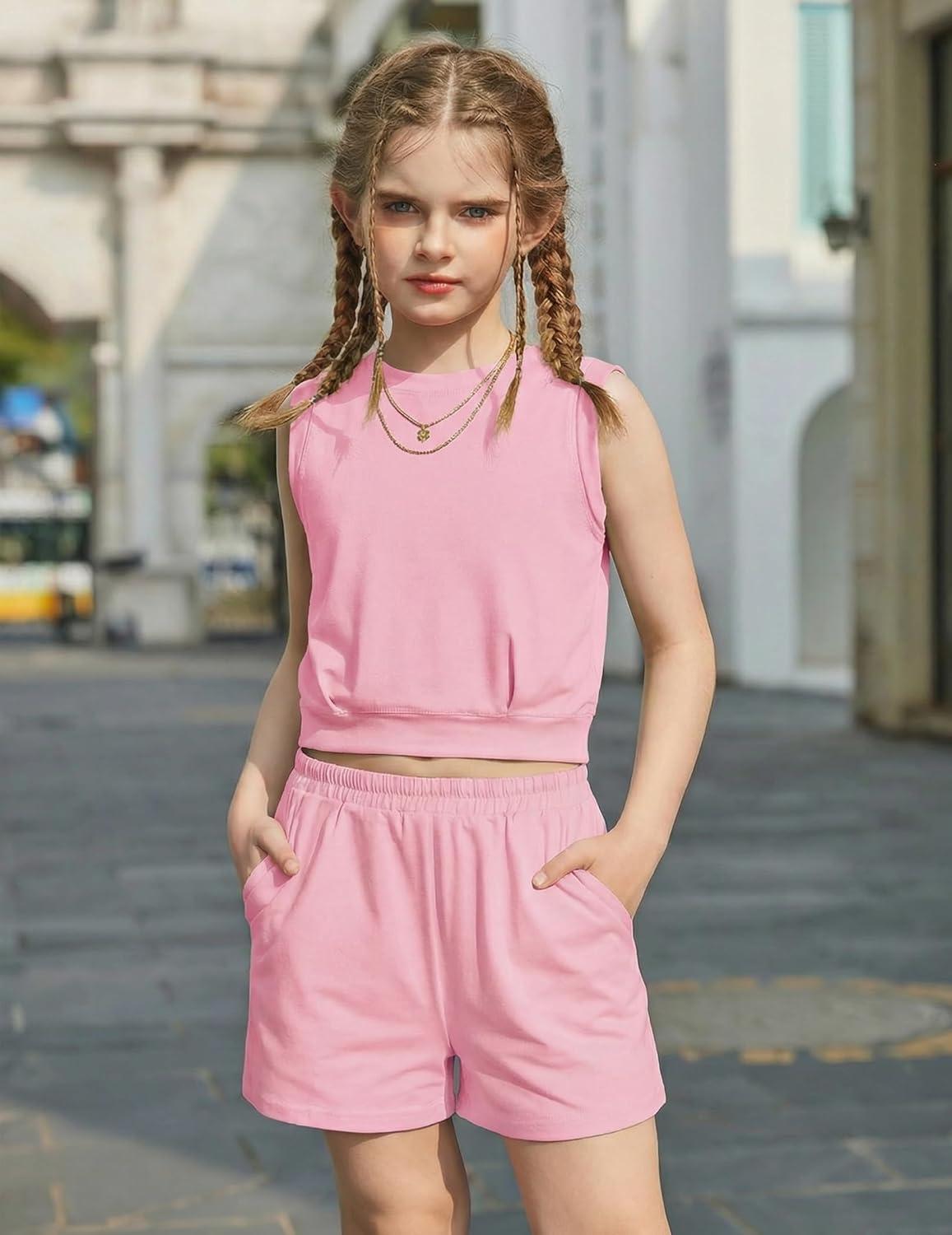 image:imageArshiner Girls 2 Piece Outfits Summer Tank Top and Shorts Set with Pockets Kids Sleeveless Clothes 614YDark Pink