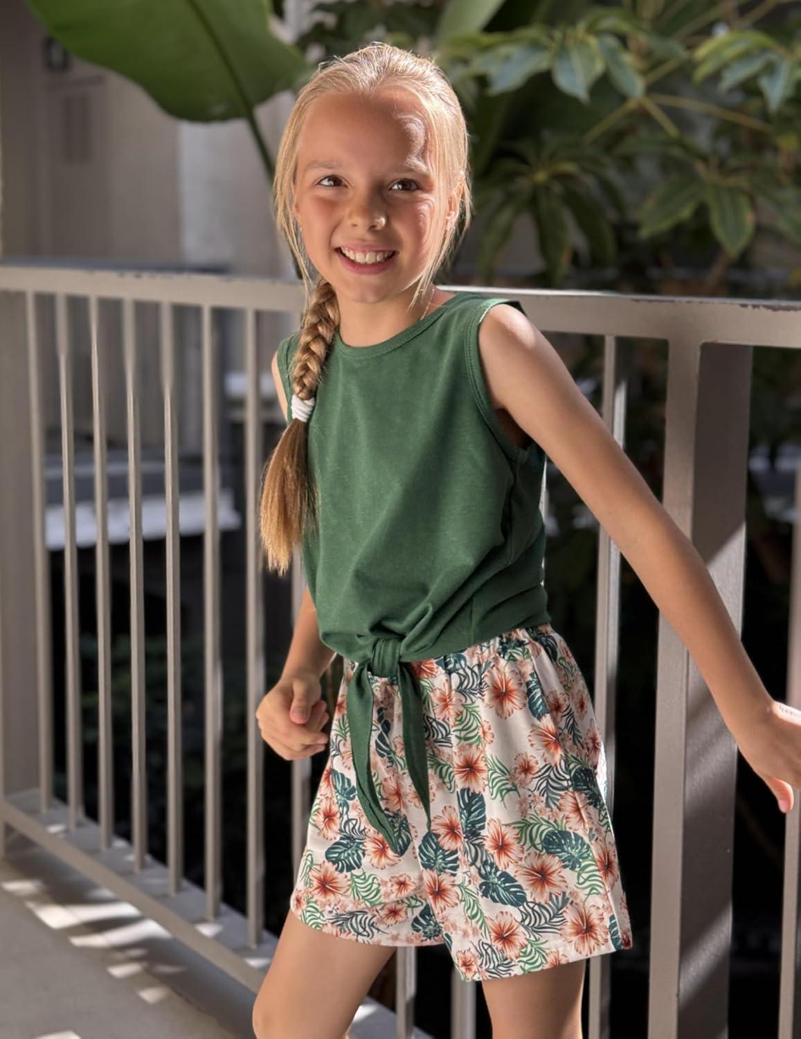image:imageArshiner Girls 2 Piece Outfits Summer Tie Knot Tank Top and Paperbag Waist Pocketed Short SetsPolyester Blend