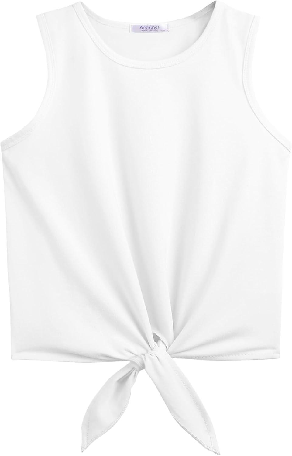 image:imageArshiner Girls 2 Piece Outfits Summer Tie Knot Tank Top and Paperbag Waist Pocketed Short SetsWhite Geometric