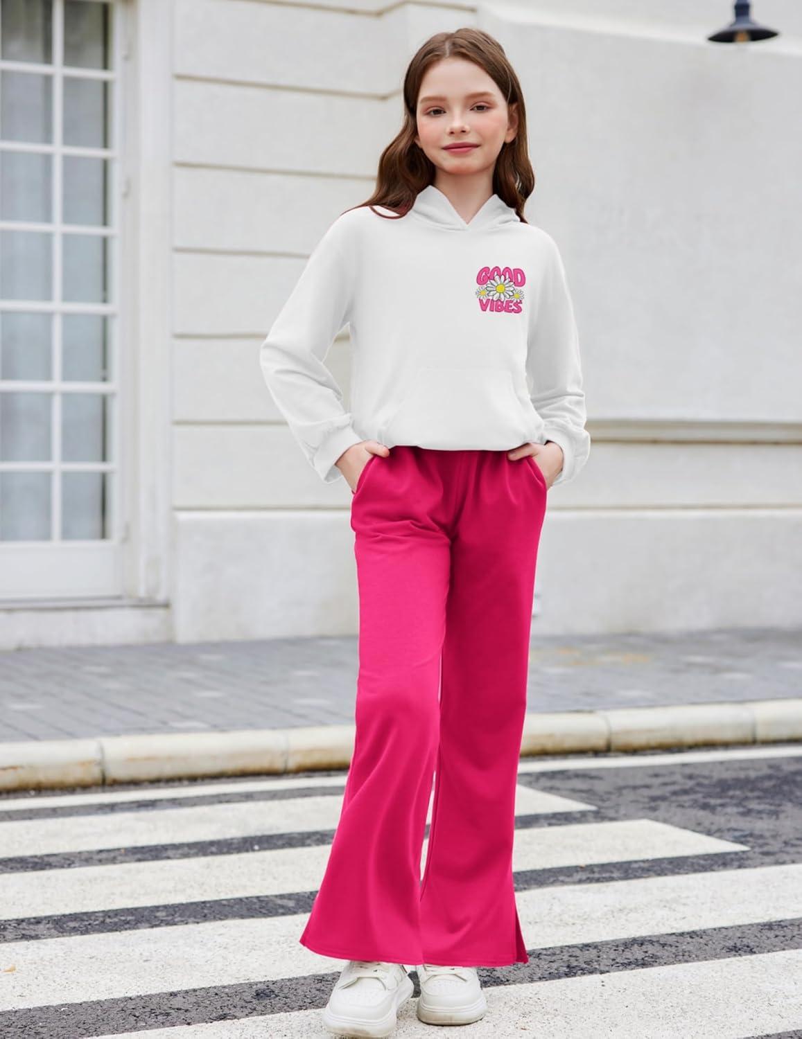 image:imageArshiner Girls 2 Piece Outfits Sweatsuits Sets Kangaroo Pocket Long Sleeve Hooded Sweatshirt with Flare Sweatpants SetsWhite Rose Red