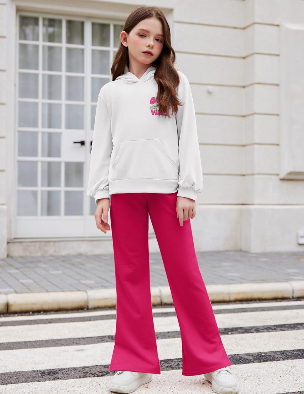 image:imageArshiner Girls 2 Piece Outfits Sweatsuits Sets Kangaroo Pocket Long Sleeve Hooded Sweatshirt with Flare Sweatpants SetsWhite Rose Red