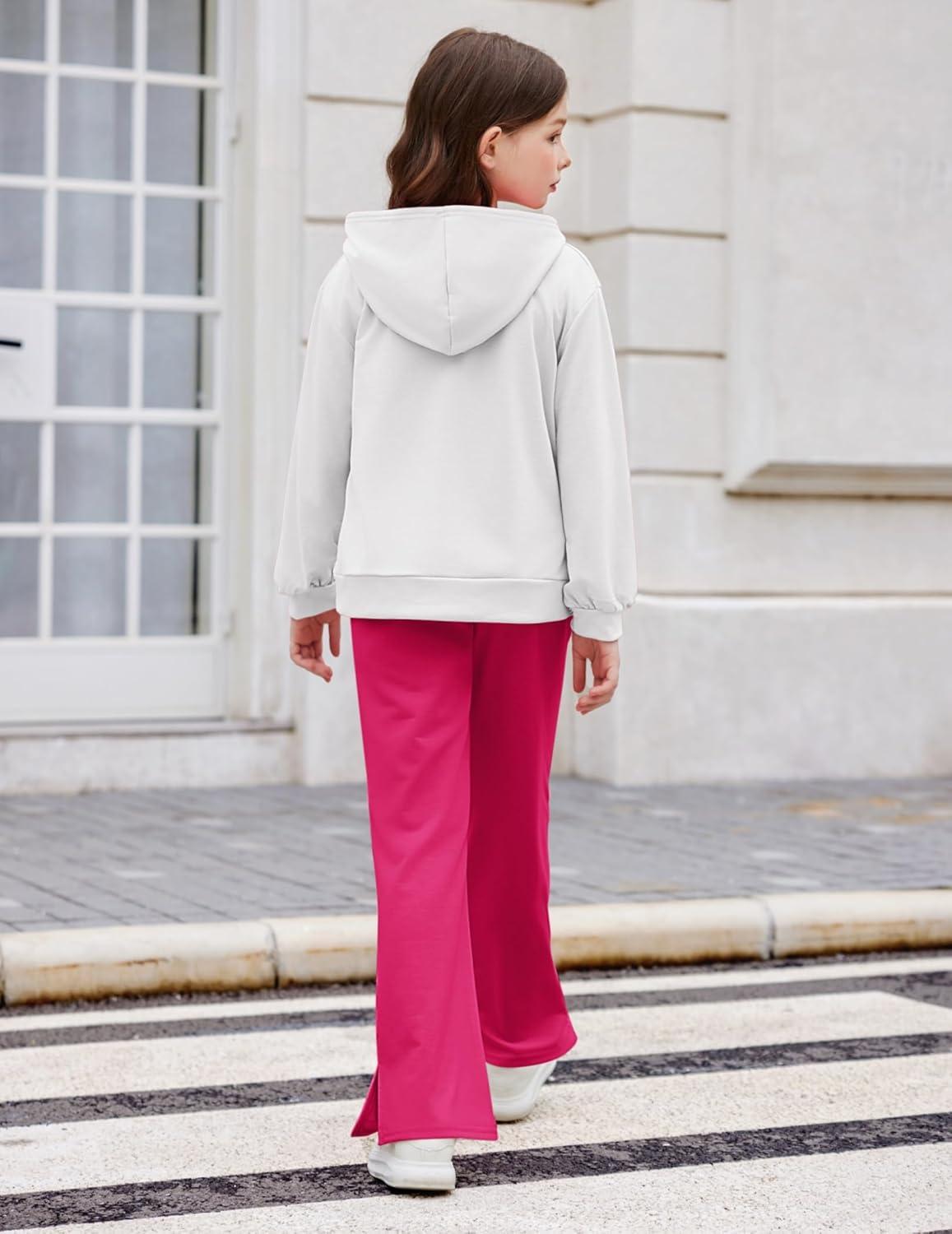 image:imageArshiner Girls 2 Piece Outfits Sweatsuits Sets Kangaroo Pocket Long Sleeve Hooded Sweatshirt with Flare Sweatpants SetsWhite Rose Red