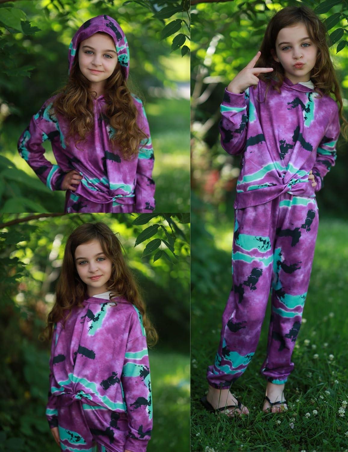 image:imageArshiner Girls 2 Piece Outfits Tiedye Twist Front Pullover Hooded Sweatsuits Sweatshirt and Sweatpants Clothing SetBlack Green Purple