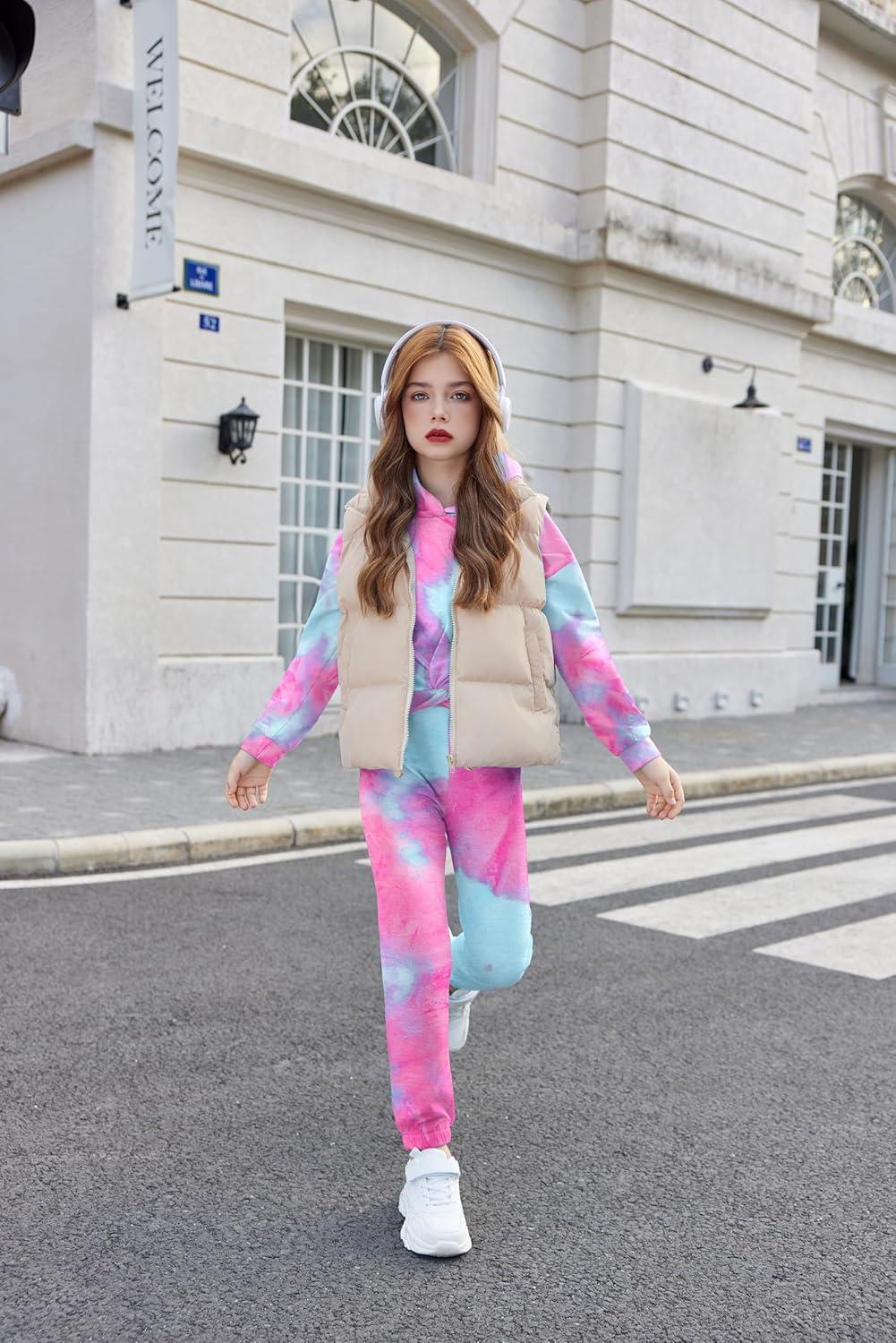 image:imageArshiner Girls 2 Piece Outfits Tiedye Twist Front Pullover Hooded Sweatsuits Sweatshirt and Sweatpants Clothing SetBlue Pink