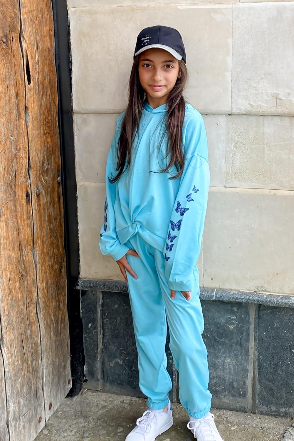 image:imageArshiner Girls 2 Piece Outfits Tiedye Twist Front Pullover Hooded Sweatsuits Sweatshirt and Sweatpants Clothing SetLake Green