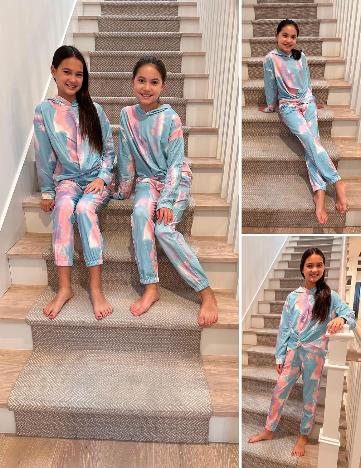 image:imageArshiner Girls 2 Piece Outfits Tiedye Twist Front Pullover Hooded Sweatsuits Sweatshirt and Sweatpants Clothing SetPink White Green Purple