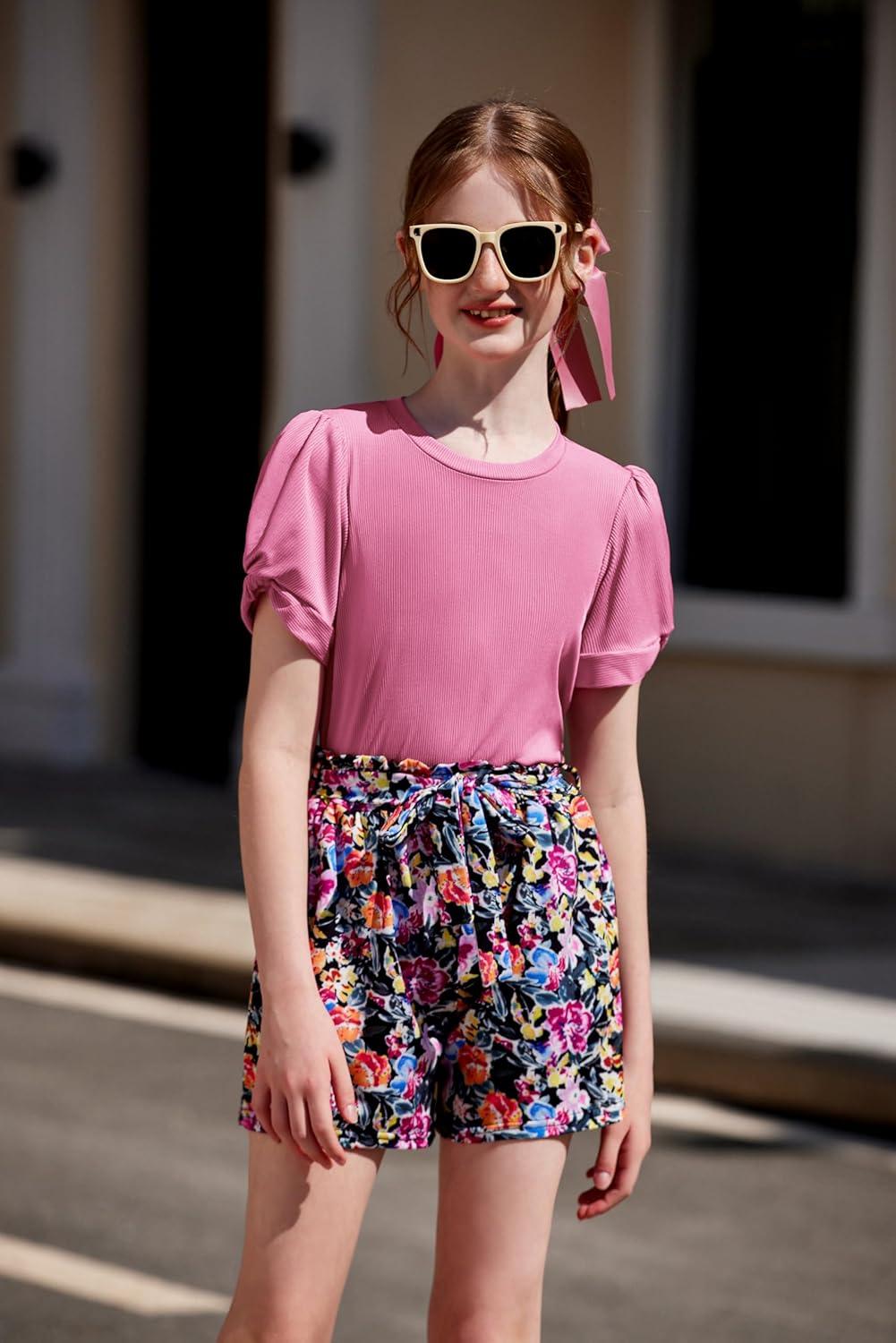 image:imageArshiner Girls 2 Piece Summer Outfits Knit Twist Puff Sleeve Top and High Waist Paper Bag Shorts Set with PocketsDeep Pink Flower