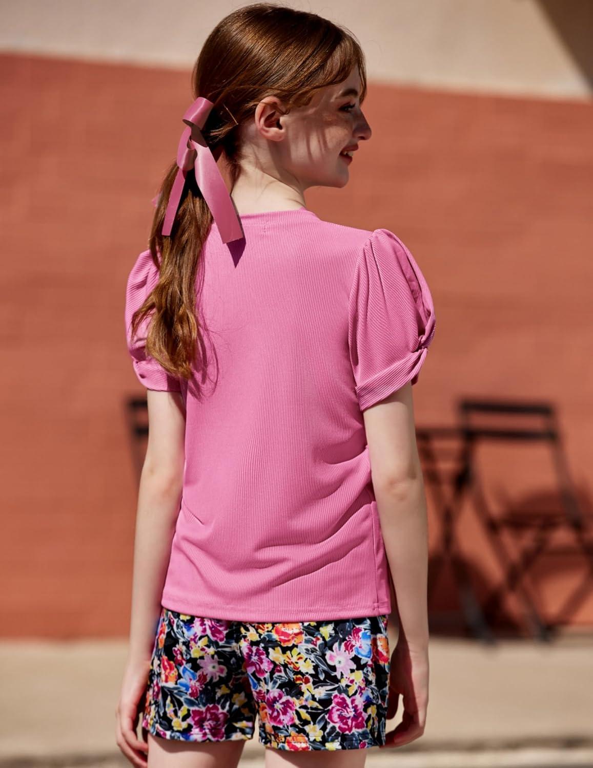 image:imageArshiner Girls 2 Piece Summer Outfits Knit Twist Puff Sleeve Top and High Waist Paper Bag Shorts Set with PocketsDeep Pink Flower