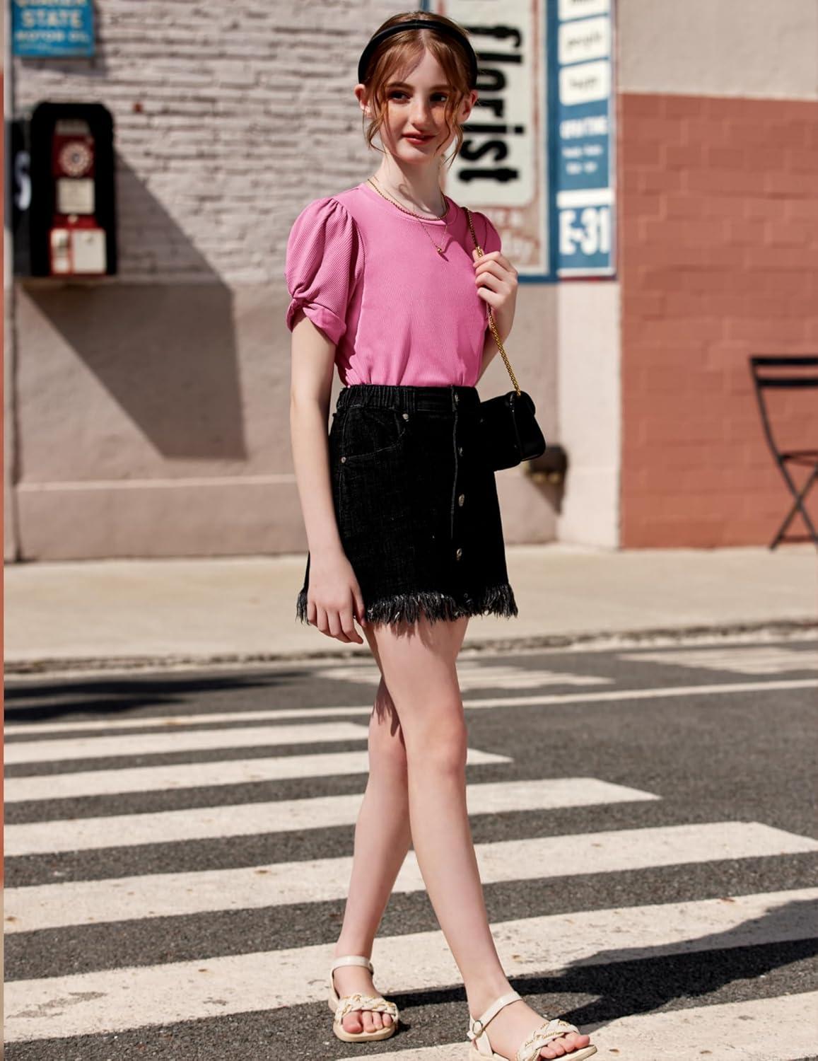 image:imageArshiner Girls 2 Piece Summer Outfits Knit Twist Puff Sleeve Top and High Waist Paper Bag Shorts Set with PocketsDeep Pink Flower