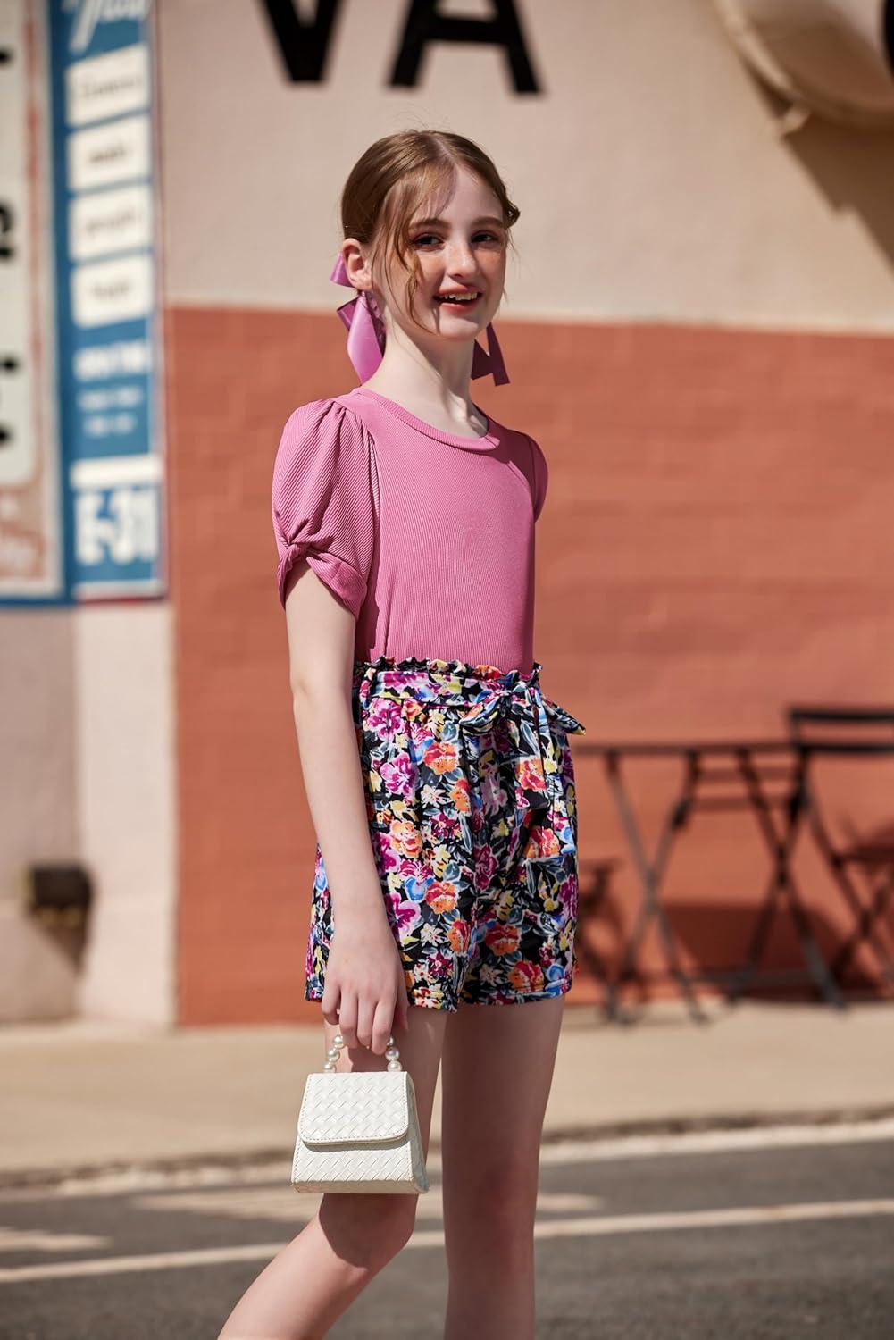 image:imageArshiner Girls 2 Piece Summer Outfits Knit Twist Puff Sleeve Top and High Waist Paper Bag Shorts Set with PocketsDeep Pink Flower