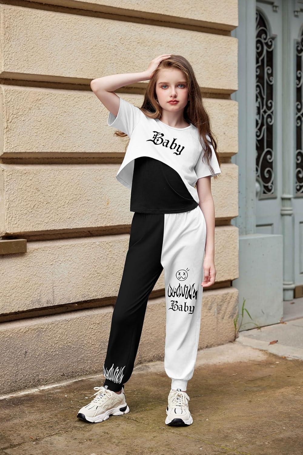 image:imageArshiner Girls 3 Piece Set Short Sleeve High Low Hem Overlay Top amp Cami with Sweatpants Kids Outfit 613 YearsBlackwhite