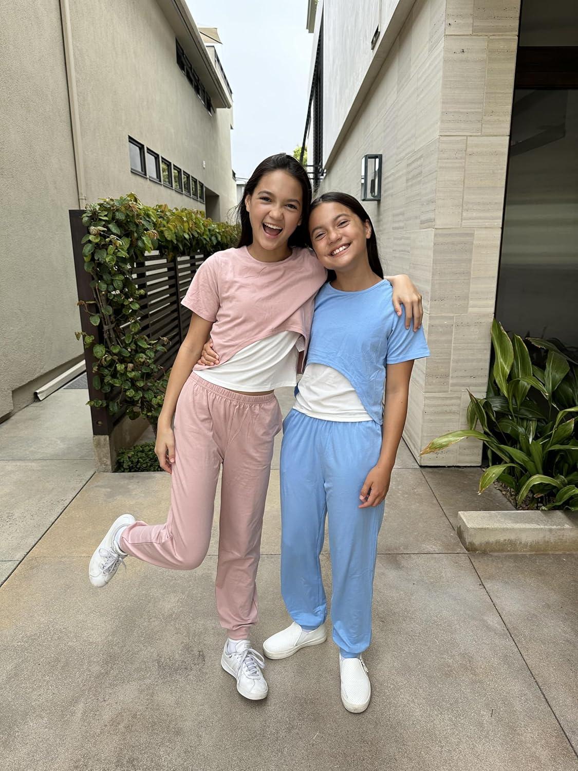 image:imageArshiner Girls 3 Piece Set Short Sleeve High Low Hem Overlay Top amp Cami with Sweatpants Kids Outfit 613 YearsBlue
