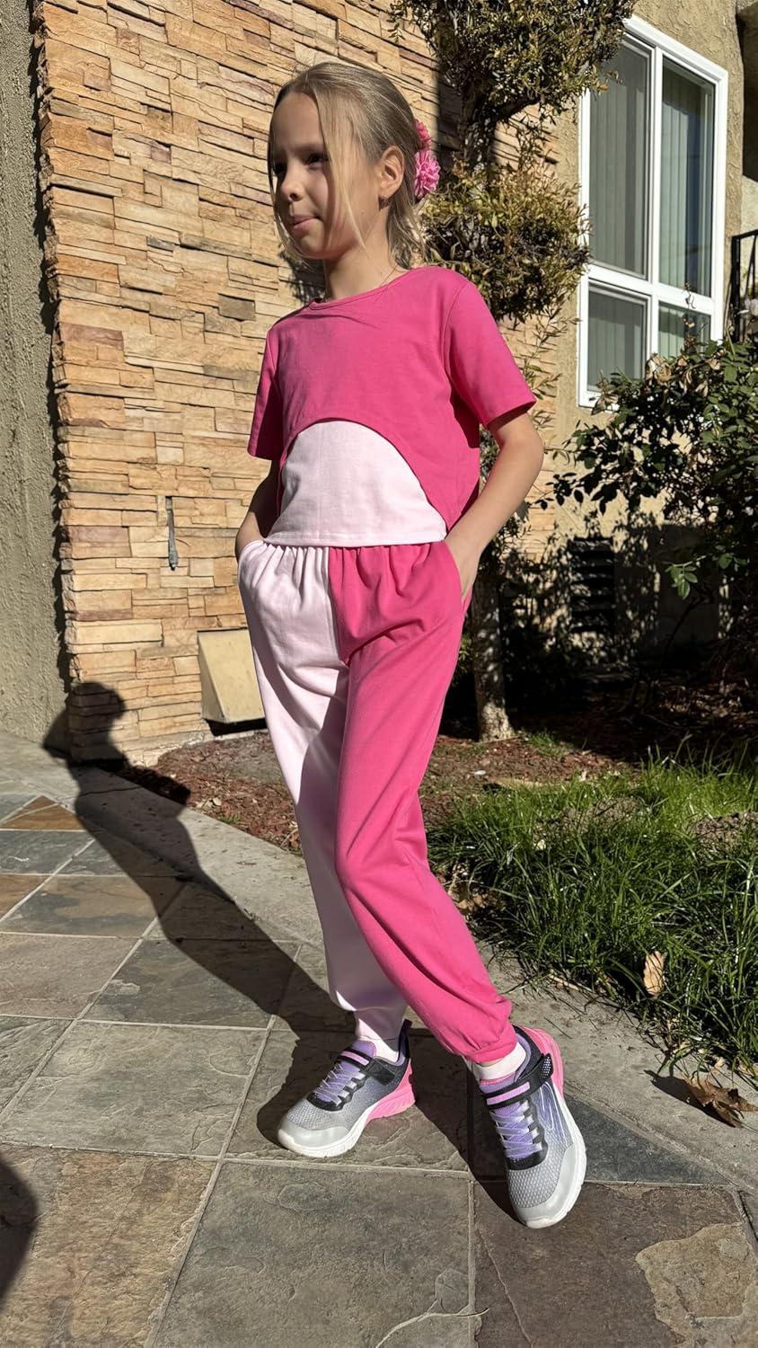 image:imageArshiner Girls 3 Piece Set Short Sleeve High Low Hem Overlay Top amp Cami with Sweatpants Kids Outfit 613 YearsDouble Pink