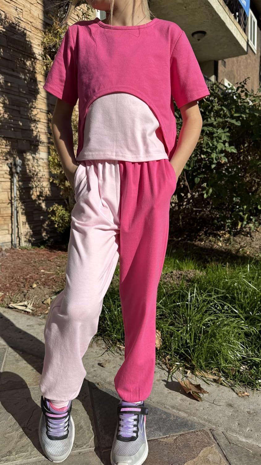 image:imageArshiner Girls 3 Piece Set Short Sleeve High Low Hem Overlay Top amp Cami with Sweatpants Kids Outfit 613 YearsDouble Pink