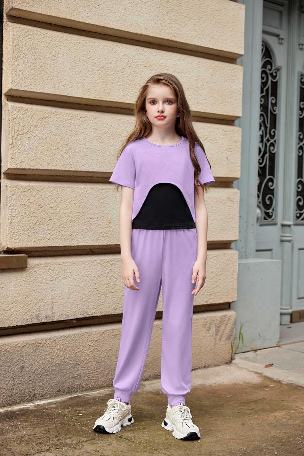 image:imageArshiner Girls 3 Piece Set Short Sleeve High Low Hem Overlay Top amp Cami with Sweatpants Kids Outfit 613 YearsPurple