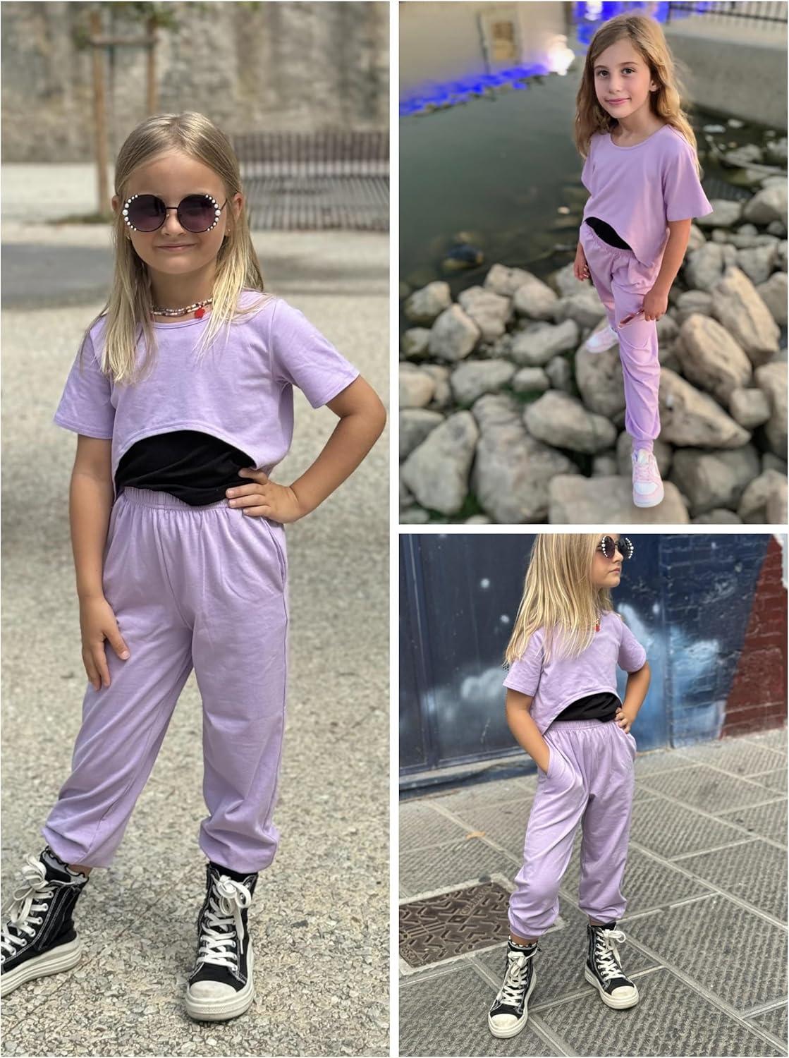 image:imageArshiner Girls 3 Piece Set Short Sleeve High Low Hem Overlay Top amp Cami with Sweatpants Kids Outfit 613 YearsPurple