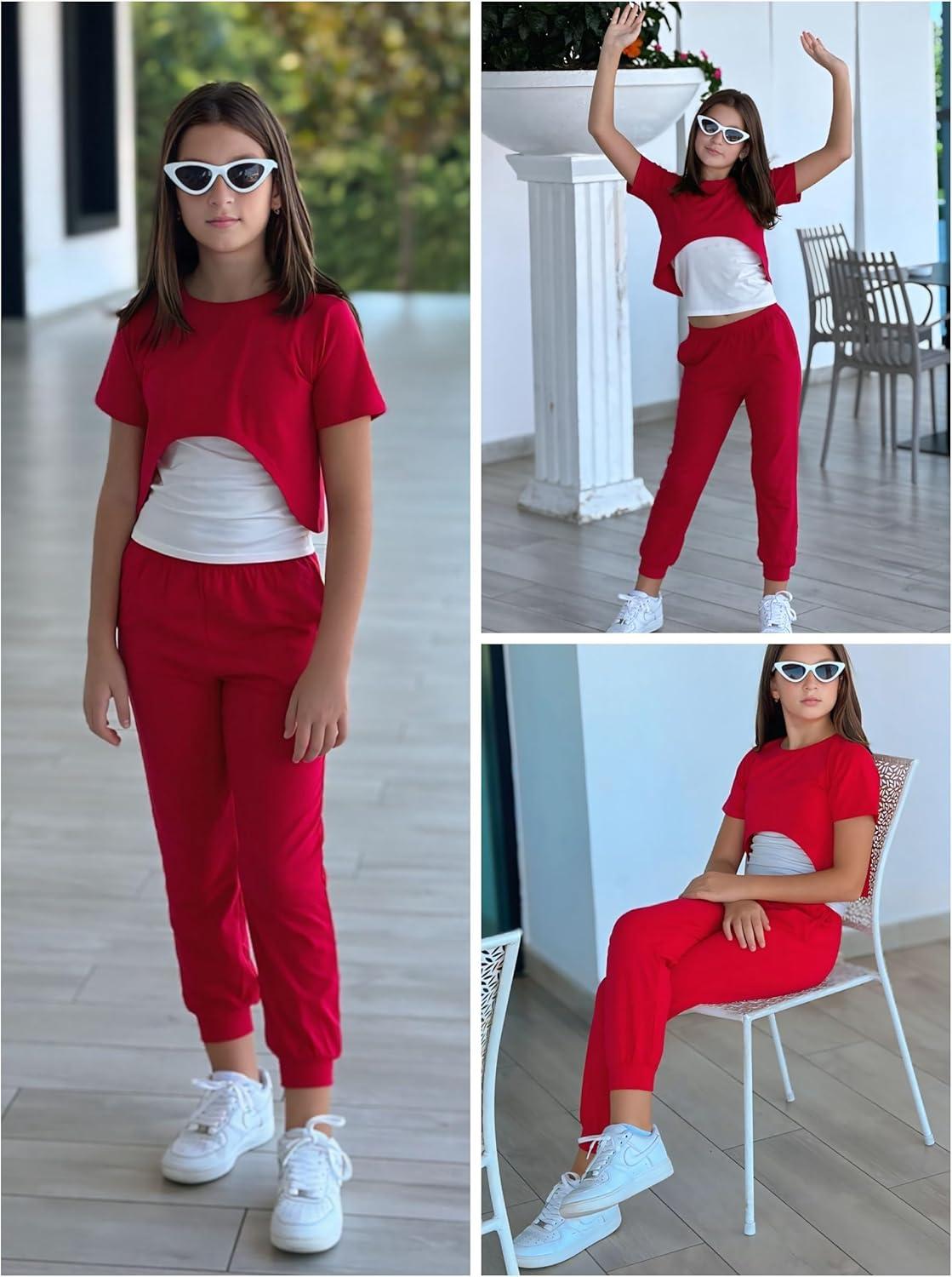 image:imageArshiner Girls 3 Piece Set Short Sleeve High Low Hem Overlay Top amp Cami with Sweatpants Kids Outfit 613 YearsRed
