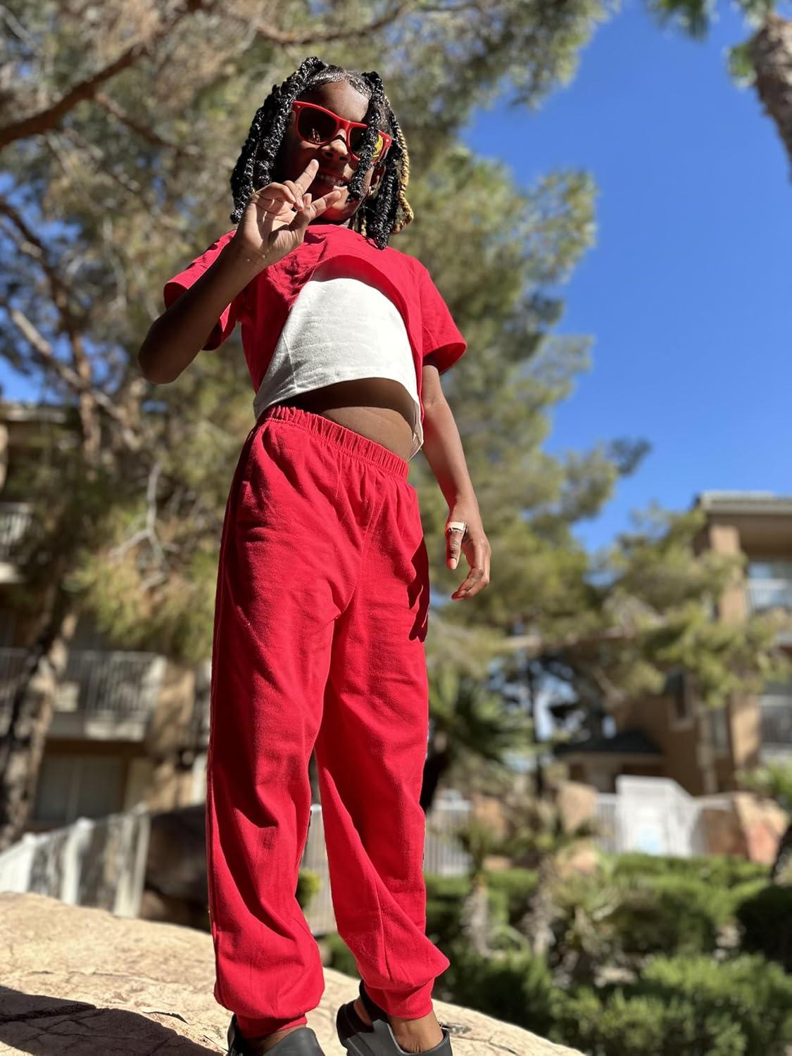 image:imageArshiner Girls 3 Piece Set Short Sleeve High Low Hem Overlay Top amp Cami with Sweatpants Kids Outfit 613 YearsRed