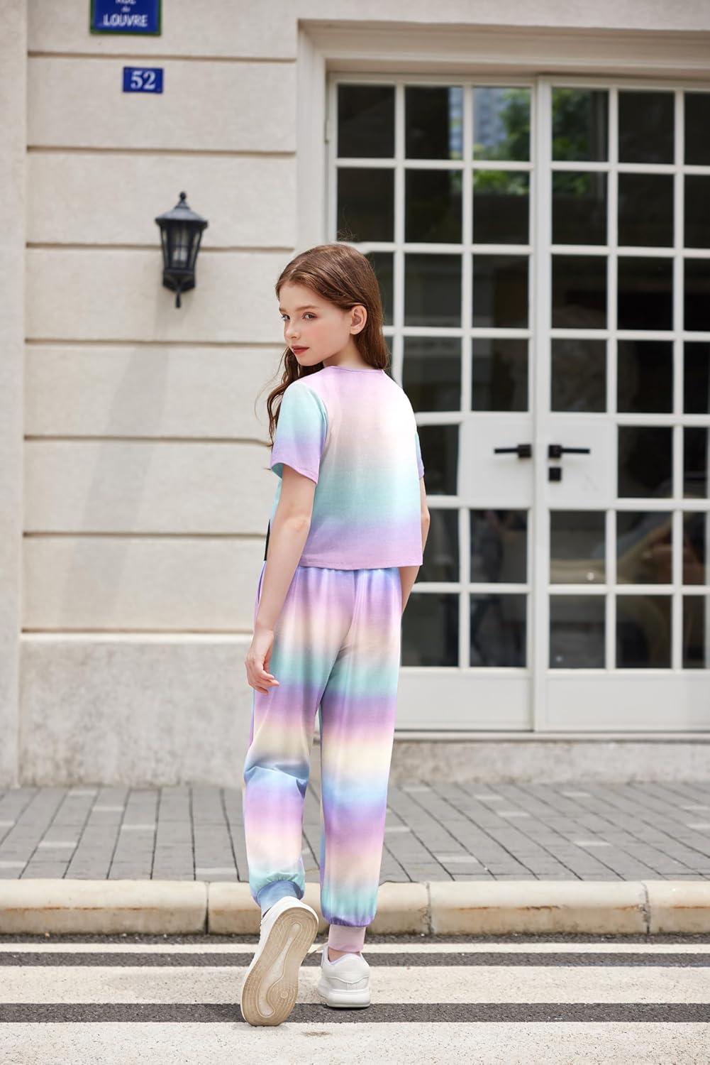 image:imageArshiner Girls 3 Piece Set Short Sleeve High Low Hem Overlay Top amp Cami with Sweatpants Kids Outfit 613 YearsTie Dye B