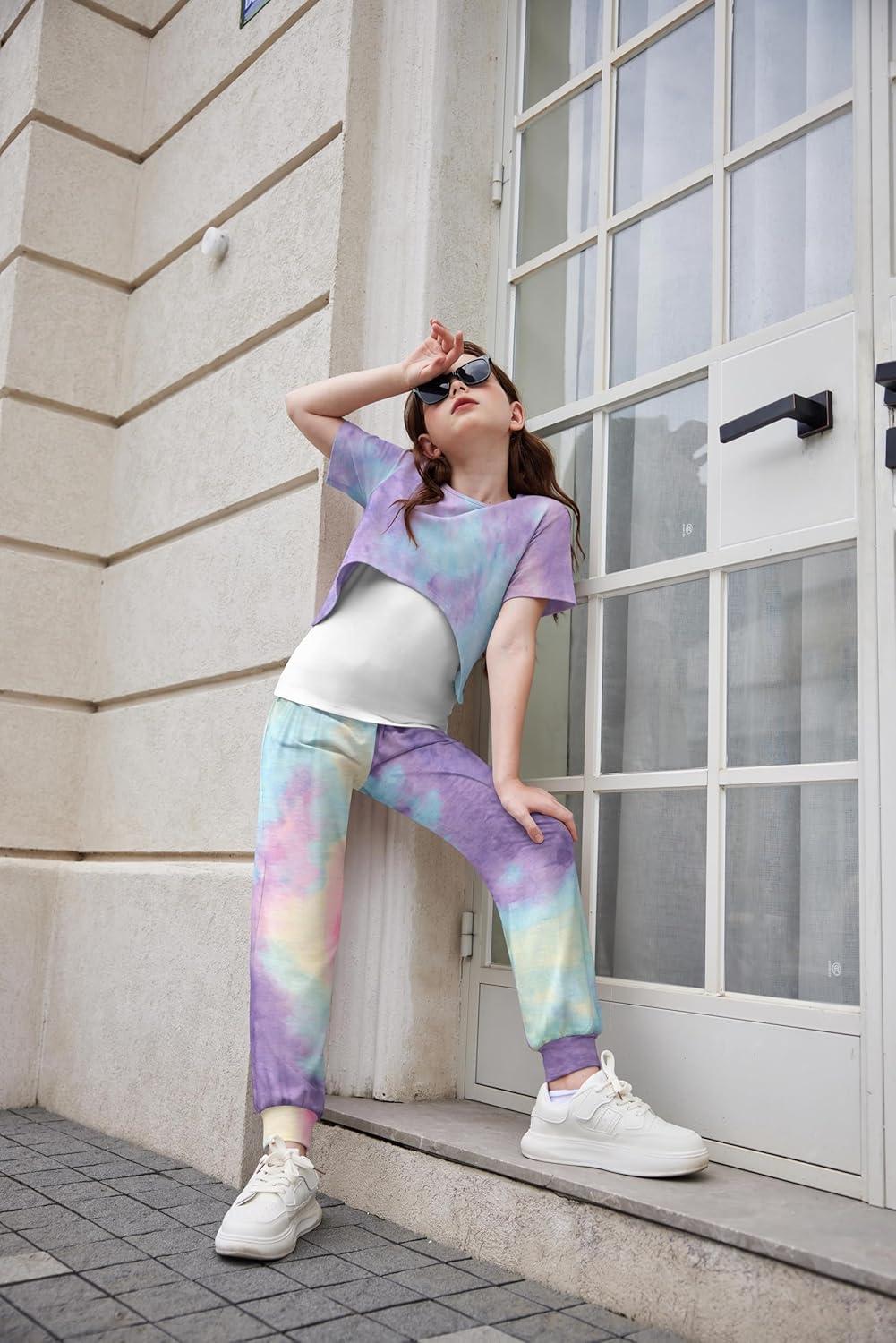 image:imageArshiner Girls 3 Piece Set Short Sleeve High Low Hem Overlay Top amp Cami with Sweatpants Kids Outfit 613 YearsTie Dye a