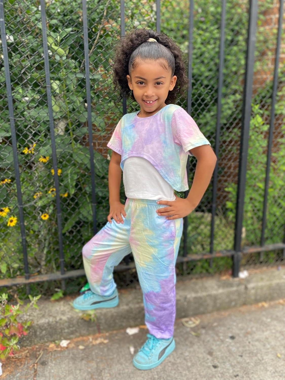 image:imageArshiner Girls 3 Piece Set Short Sleeve High Low Hem Overlay Top amp Cami with Sweatpants Kids Outfit 613 YearsTie Dye a
