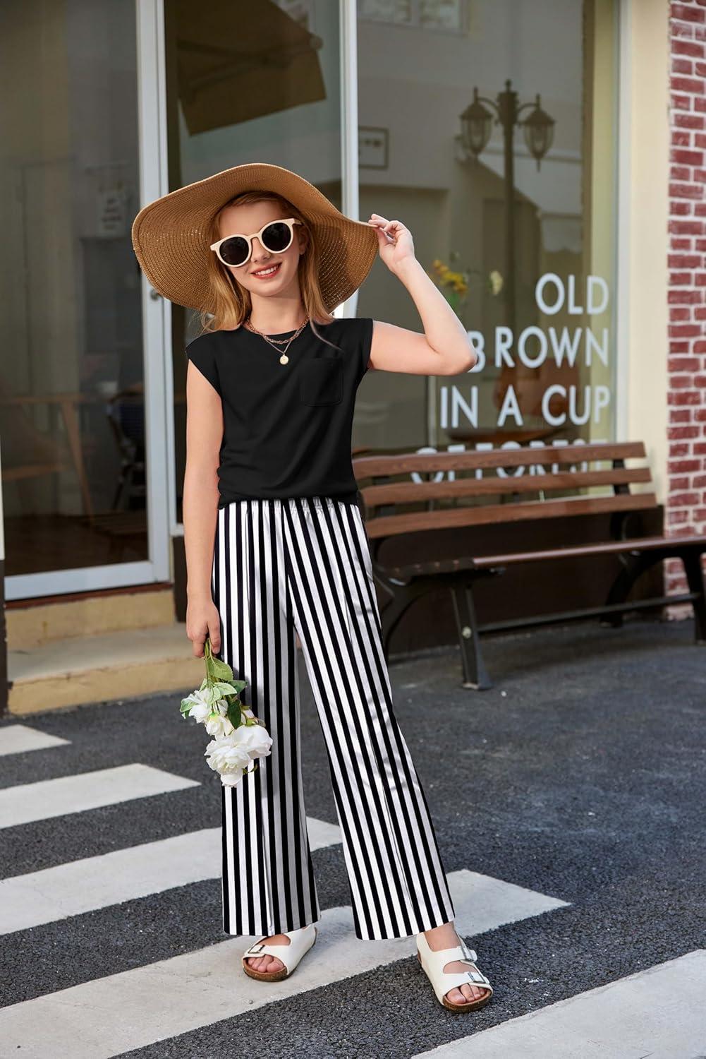 image:imageArshiner Girls Clothes 2 Piece Outfits Drop Shoulder Sleeve Top and Wide Leg Pants Set Trendy Clothing Size 614Blackstripes