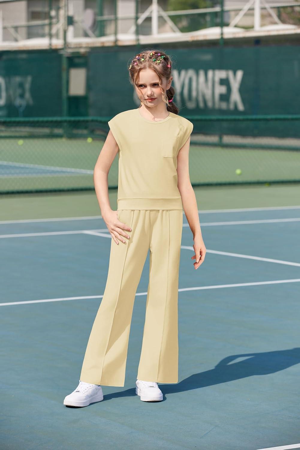 image:imageArshiner Girls Clothes 2 Piece Outfits Drop Shoulder Sleeve Top and Wide Leg Pants Set Trendy Clothing Size 614Khaki
