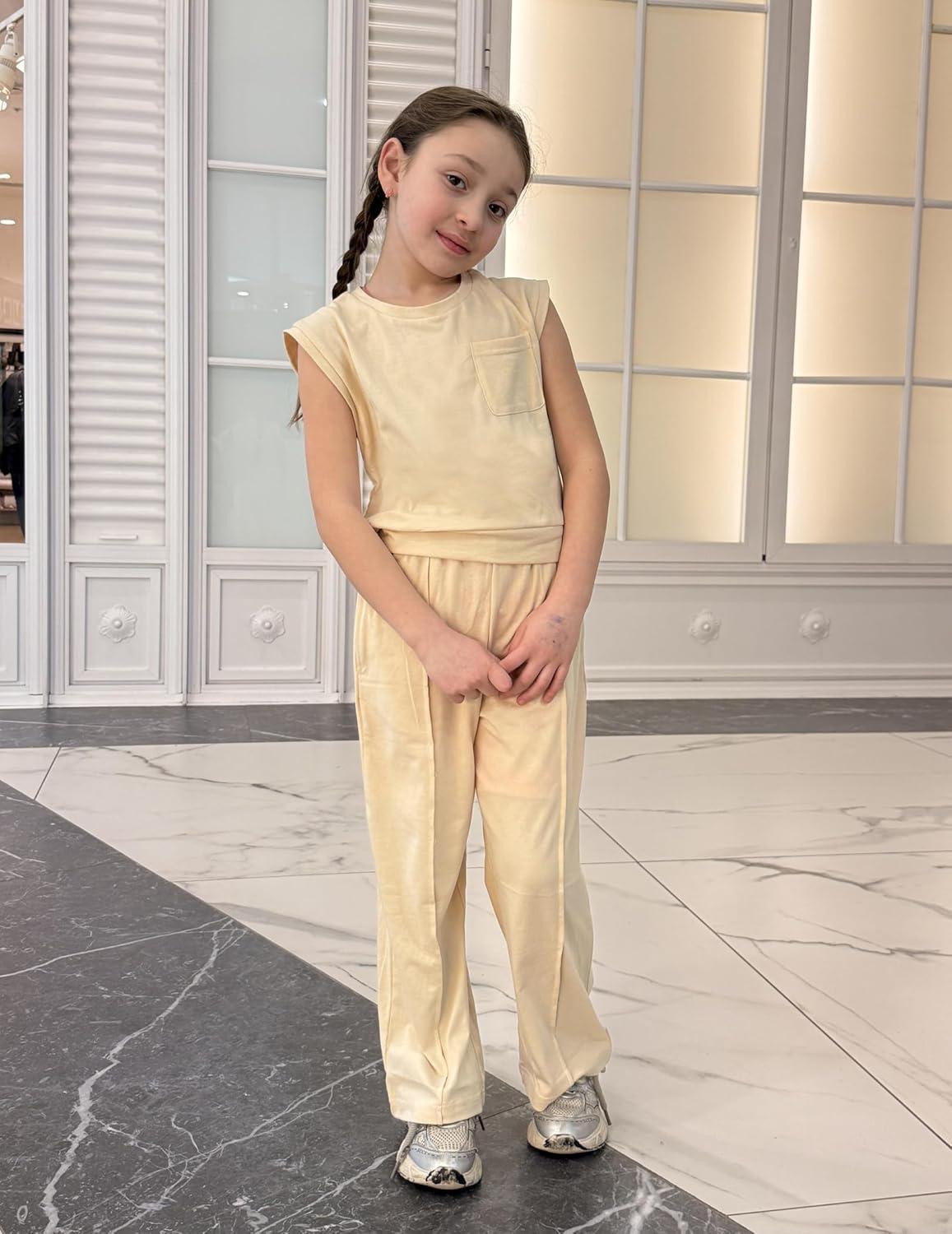 image:imageArshiner Girls Clothes 2 Piece Outfits Drop Shoulder Sleeve Top and Wide Leg Pants Set Trendy Clothing Size 614Khaki