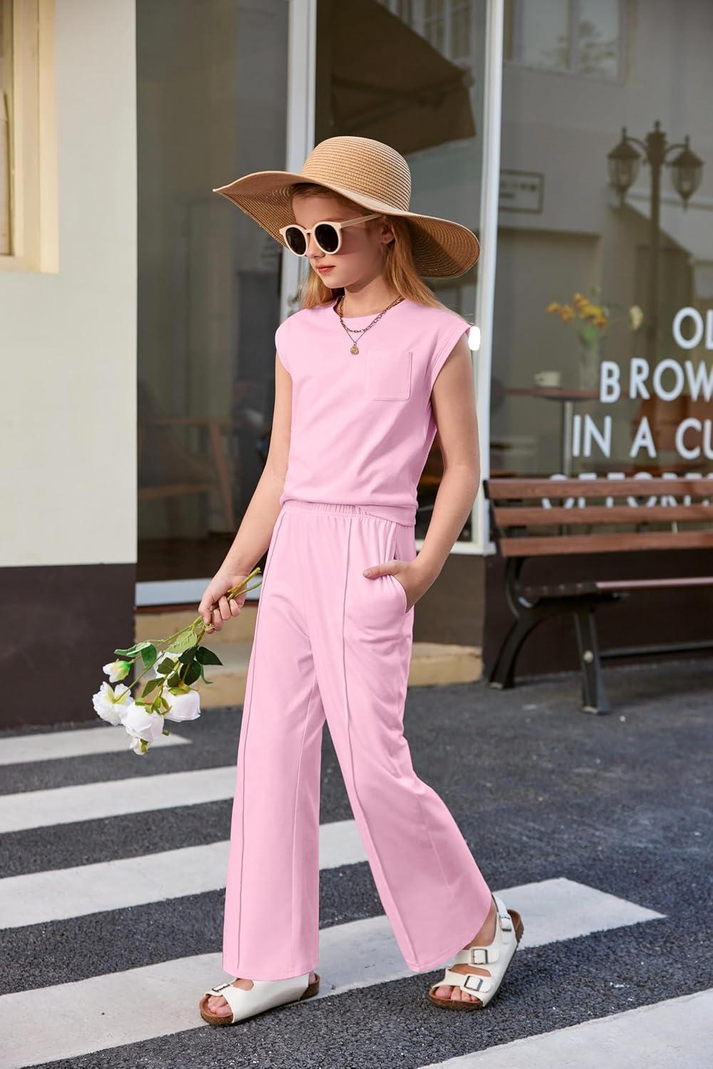 image:imageArshiner Girls Clothes 2 Piece Outfits Drop Shoulder Sleeve Top and Wide Leg Pants Set Trendy Clothing Size 614Pink