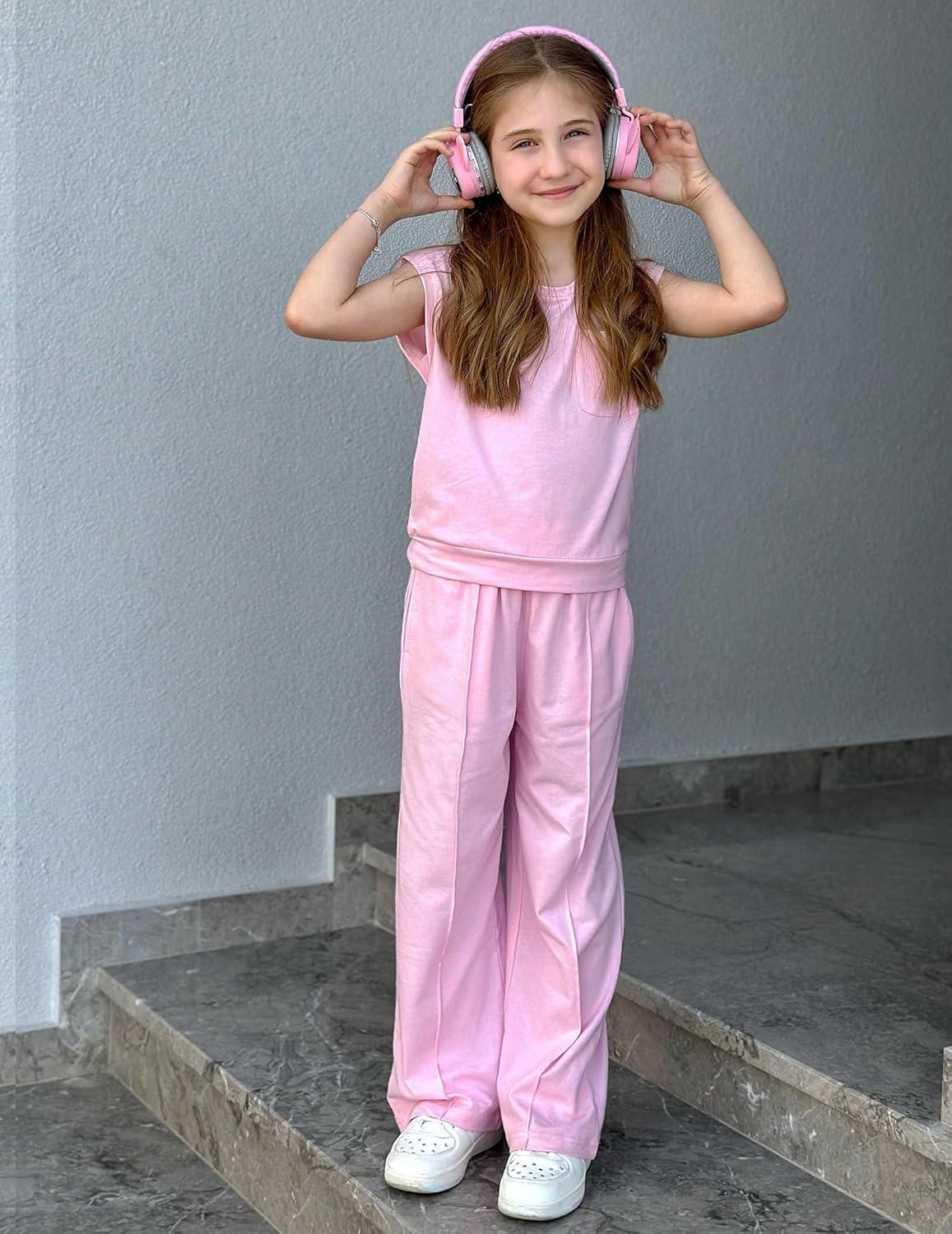 image:imageArshiner Girls Clothes 2 Piece Outfits Drop Shoulder Sleeve Top and Wide Leg Pants Set Trendy Clothing Size 614Pink