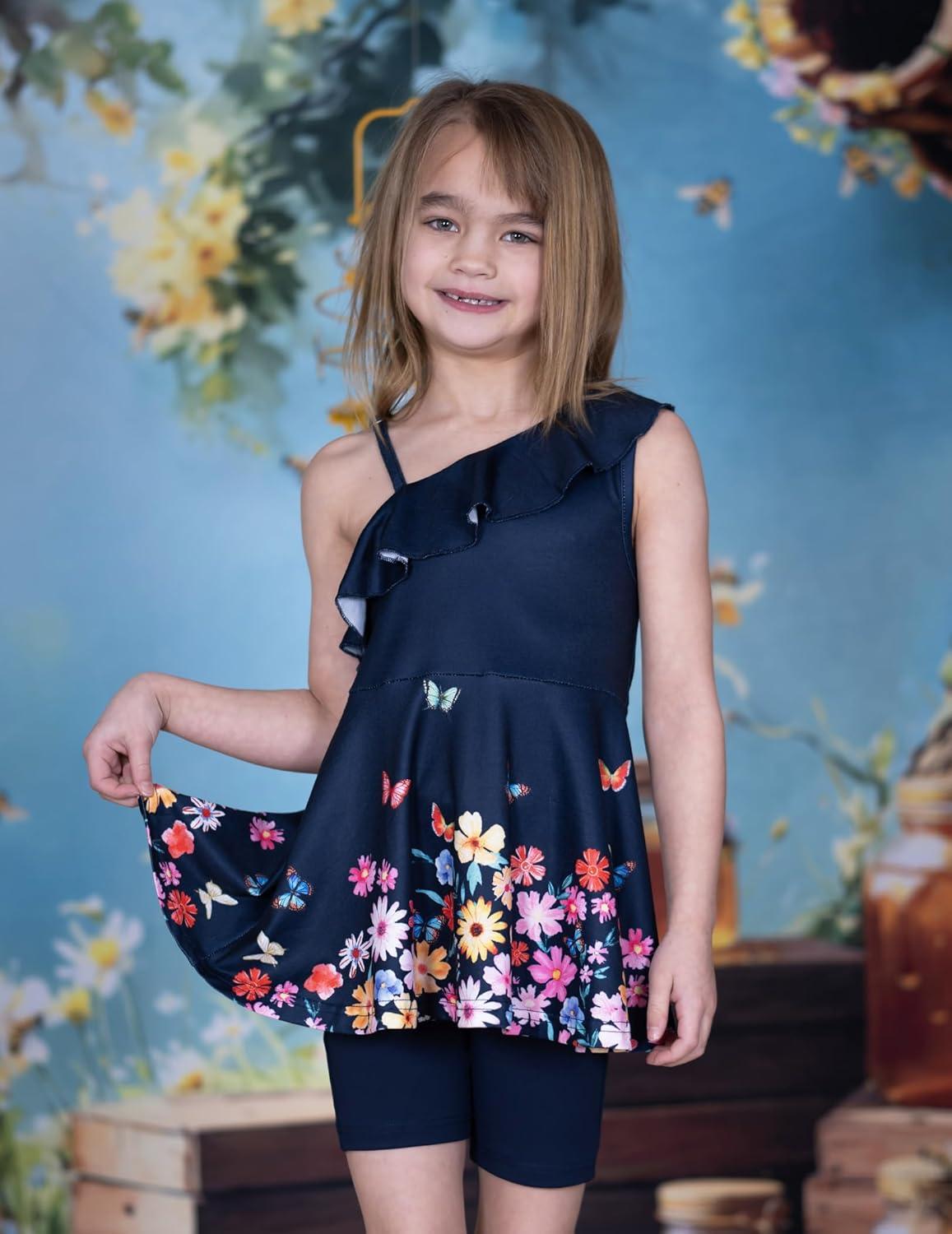 image:imageArshiner Girls Clothes Summer 2 Piece Outfits Adjustable One Shoulder Ruffle Trim Top and Biker Short Sets 614 YearsNavyflowers