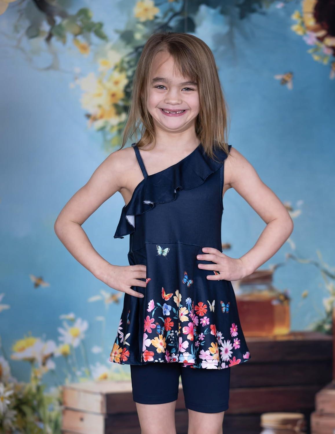 image:imageArshiner Girls Clothes Summer 2 Piece Outfits Adjustable One Shoulder Ruffle Trim Top and Biker Short Sets 614 YearsNavyflowers