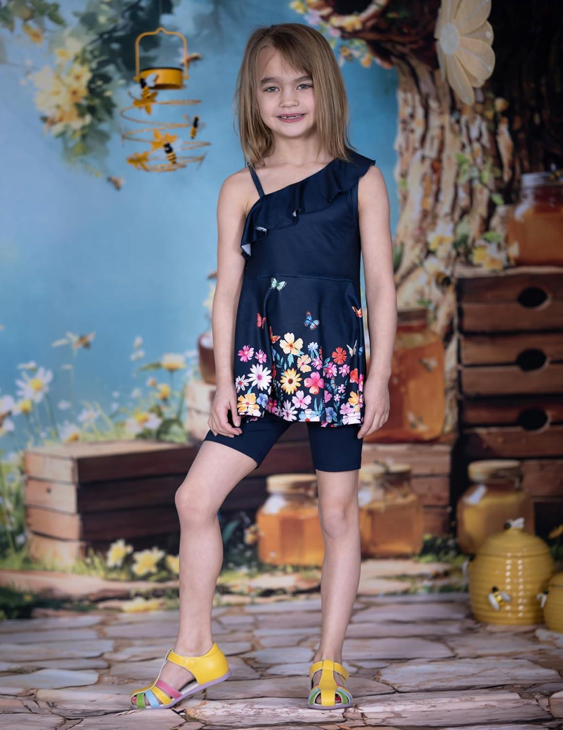image:imageArshiner Girls Clothes Summer 2 Piece Outfits Adjustable One Shoulder Ruffle Trim Top and Biker Short Sets 614 YearsNavyflowers