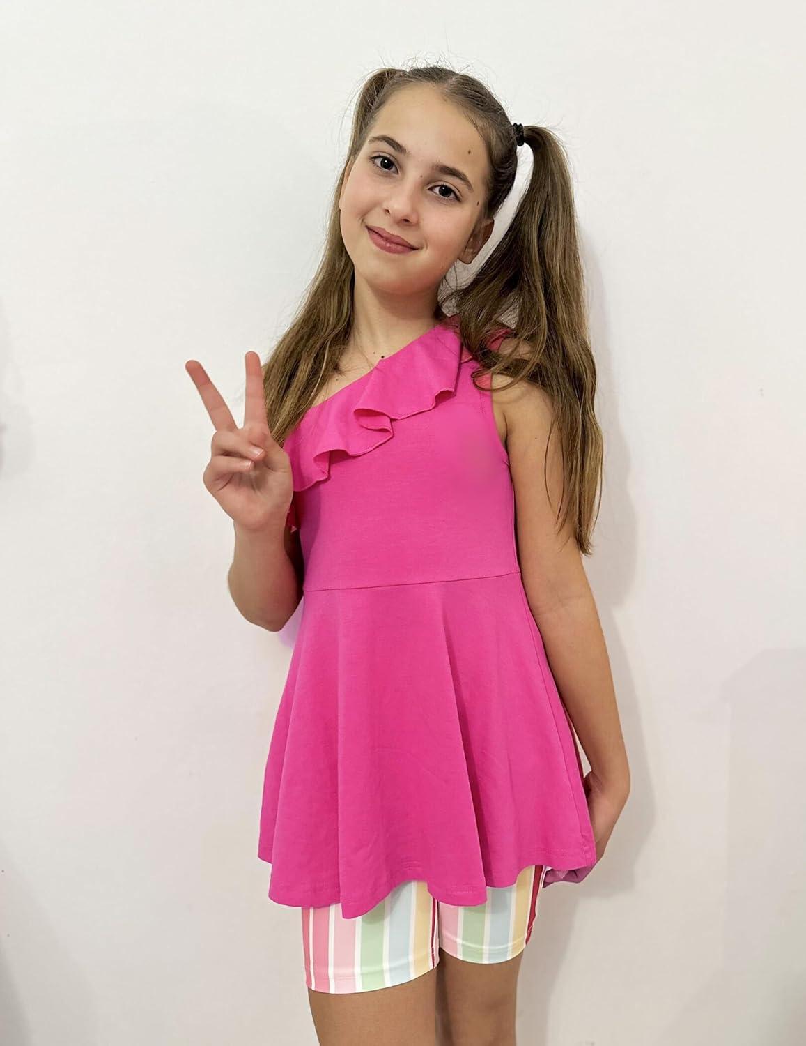 image:imageArshiner Girls Clothes Summer 2 Piece Outfits Adjustable One Shoulder Ruffle Trim Top and Biker Short Sets 614 YearsRose Redstripes