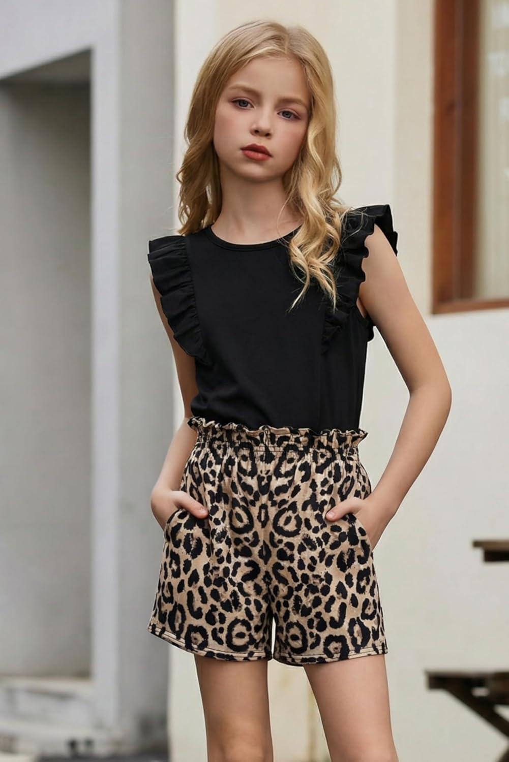 image:imageArshiner Girls Clothes Summer Outfits Ruffle Sleeve Tops and Paperbag Waist Shorts with Pockets Kids Clothing SetLeopard
