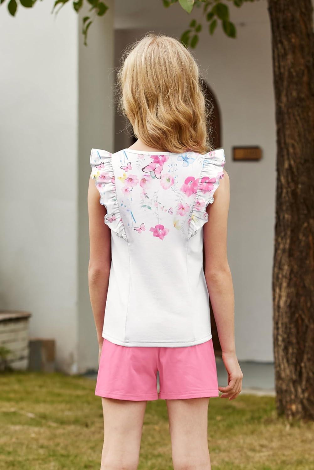 image:imageArshiner Girls Clothes Summer Outfits Ruffle Sleeve Tops and Paperbag Waist Shorts with Pockets Kids Clothing SetPink Flower