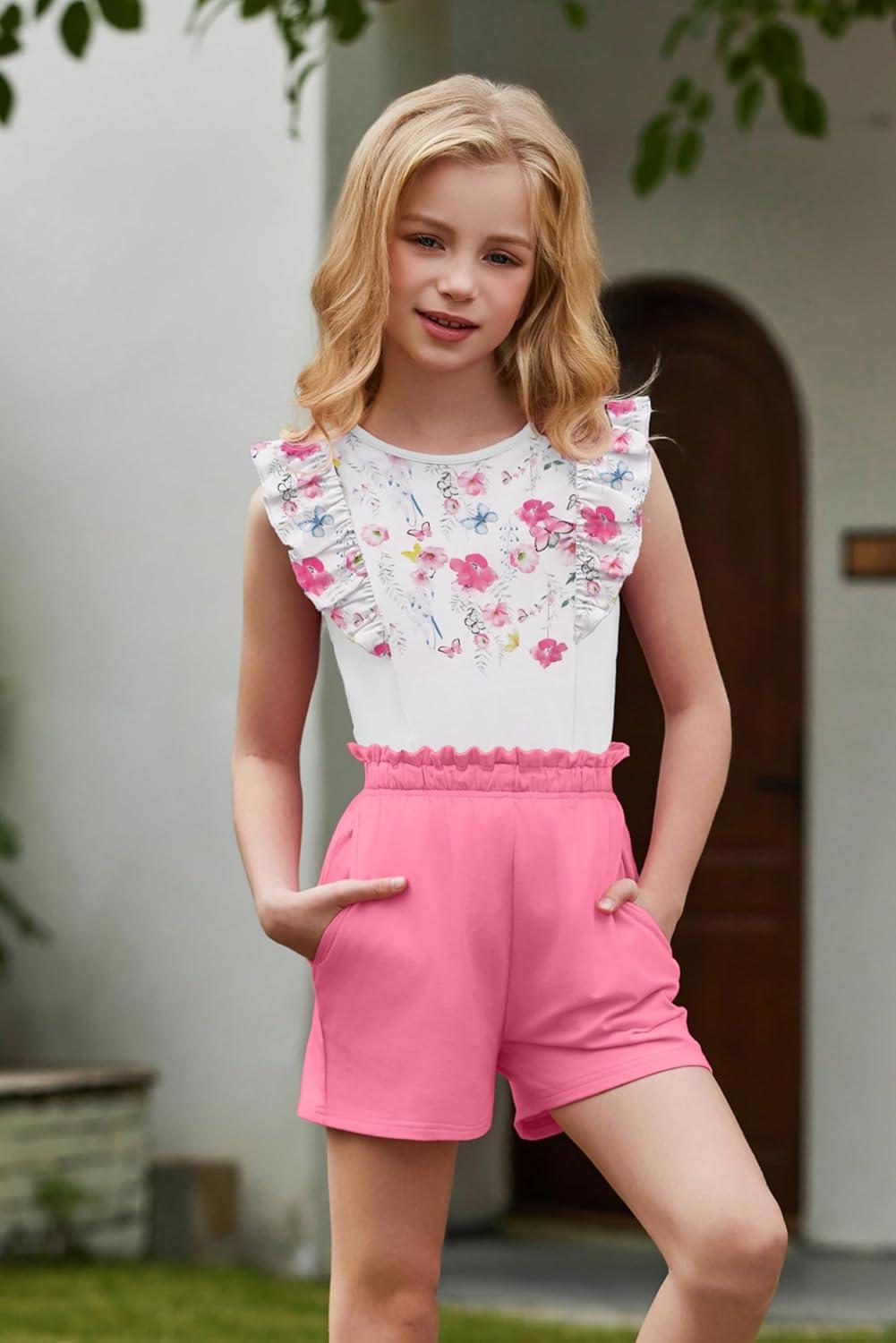 image:imageArshiner Girls Clothes Summer Outfits Ruffle Sleeve Tops and Paperbag Waist Shorts with Pockets Kids Clothing SetPink Flower