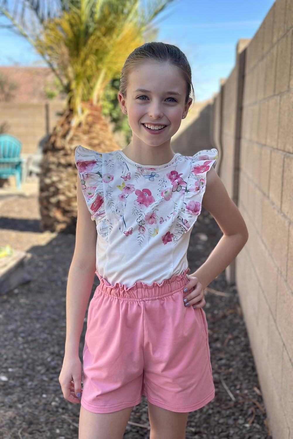 image:imageArshiner Girls Clothes Summer Outfits Ruffle Sleeve Tops and Paperbag Waist Shorts with Pockets Kids Clothing SetPink Flower