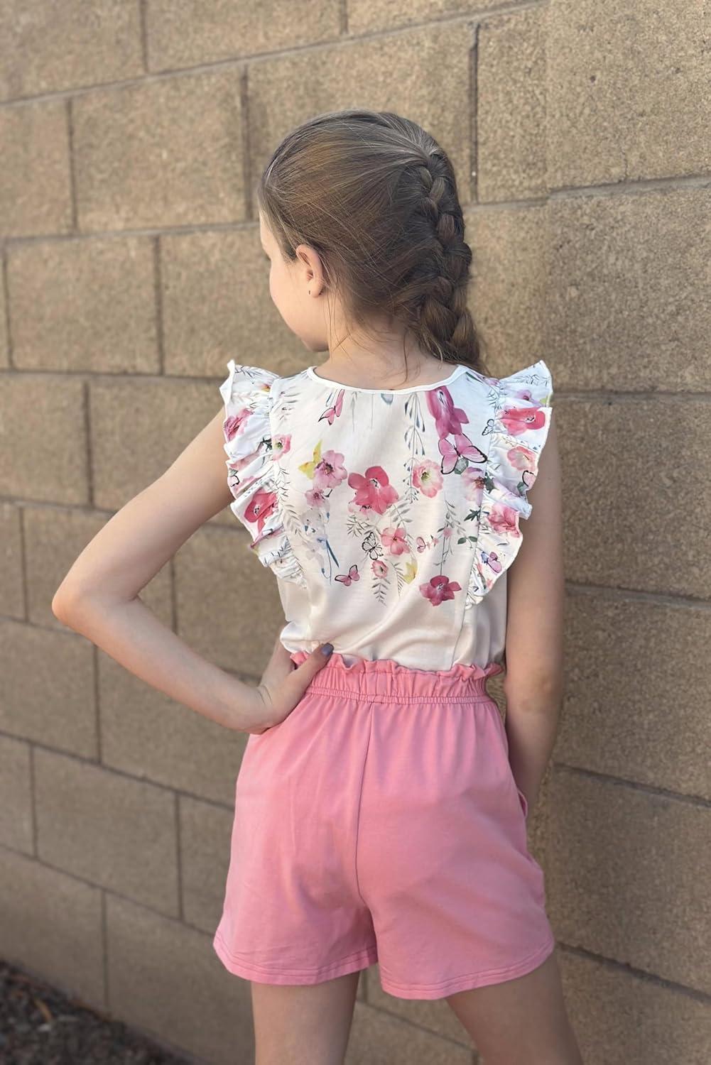 image:imageArshiner Girls Clothes Summer Outfits Ruffle Sleeve Tops and Paperbag Waist Shorts with Pockets Kids Clothing SetPink Flower