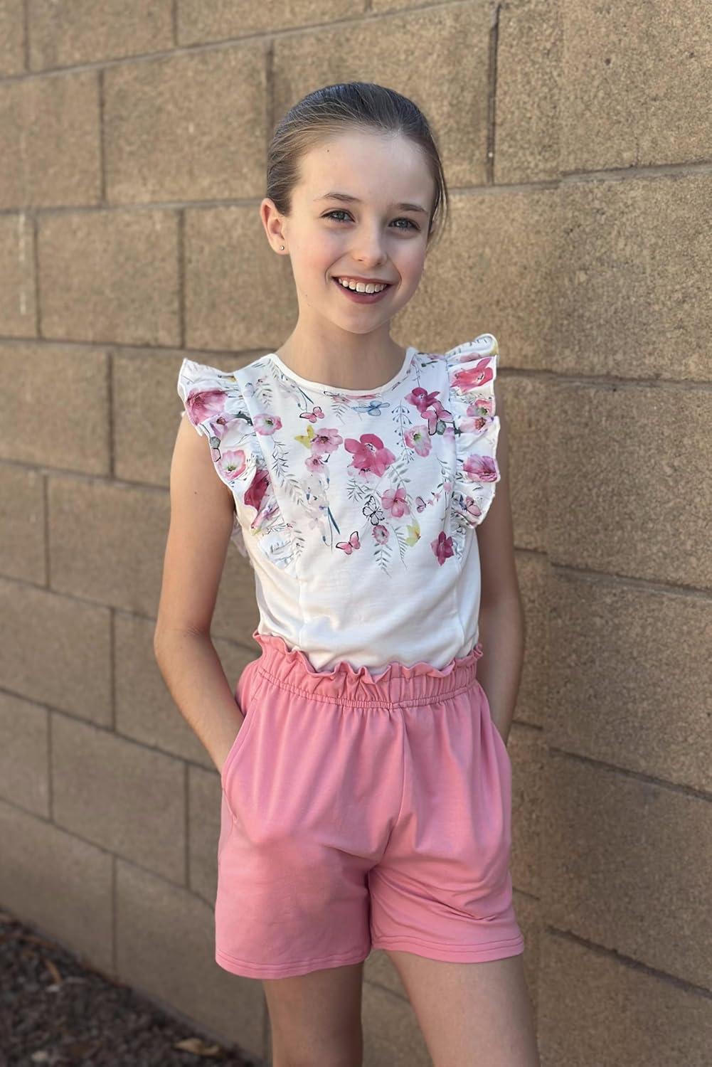 image:imageArshiner Girls Clothes Summer Outfits Ruffle Sleeve Tops and Paperbag Waist Shorts with Pockets Kids Clothing SetPink Flower