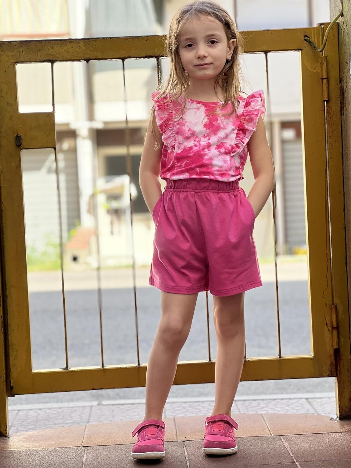 image:imageArshiner Girls Clothes Summer Outfits Ruffle Sleeve Tops and Paperbag Waist Shorts with Pockets Kids Clothing SetTie Dyepink