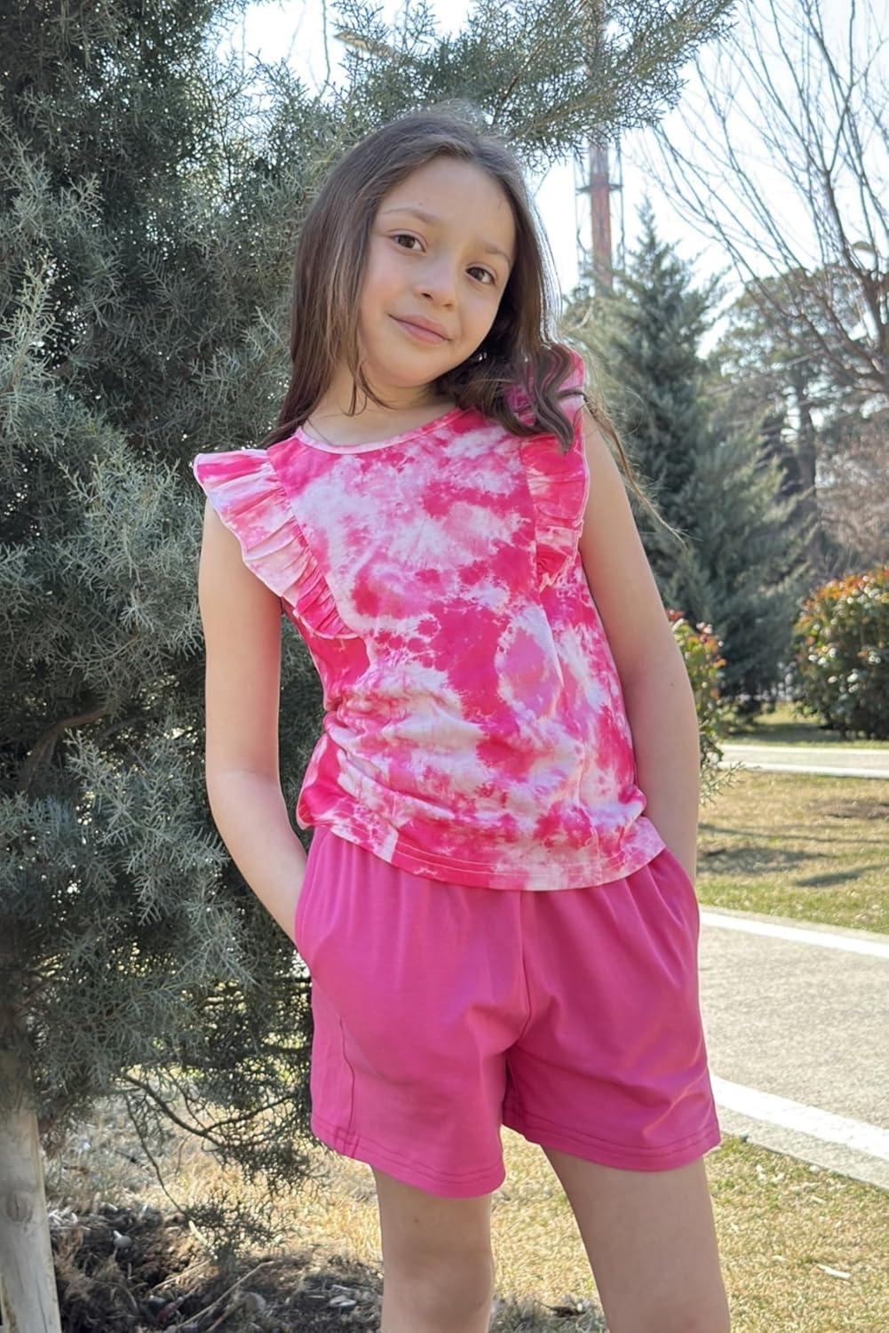 image:imageArshiner Girls Clothes Summer Outfits Ruffle Sleeve Tops and Paperbag Waist Shorts with Pockets Kids Clothing SetTie Dyepink