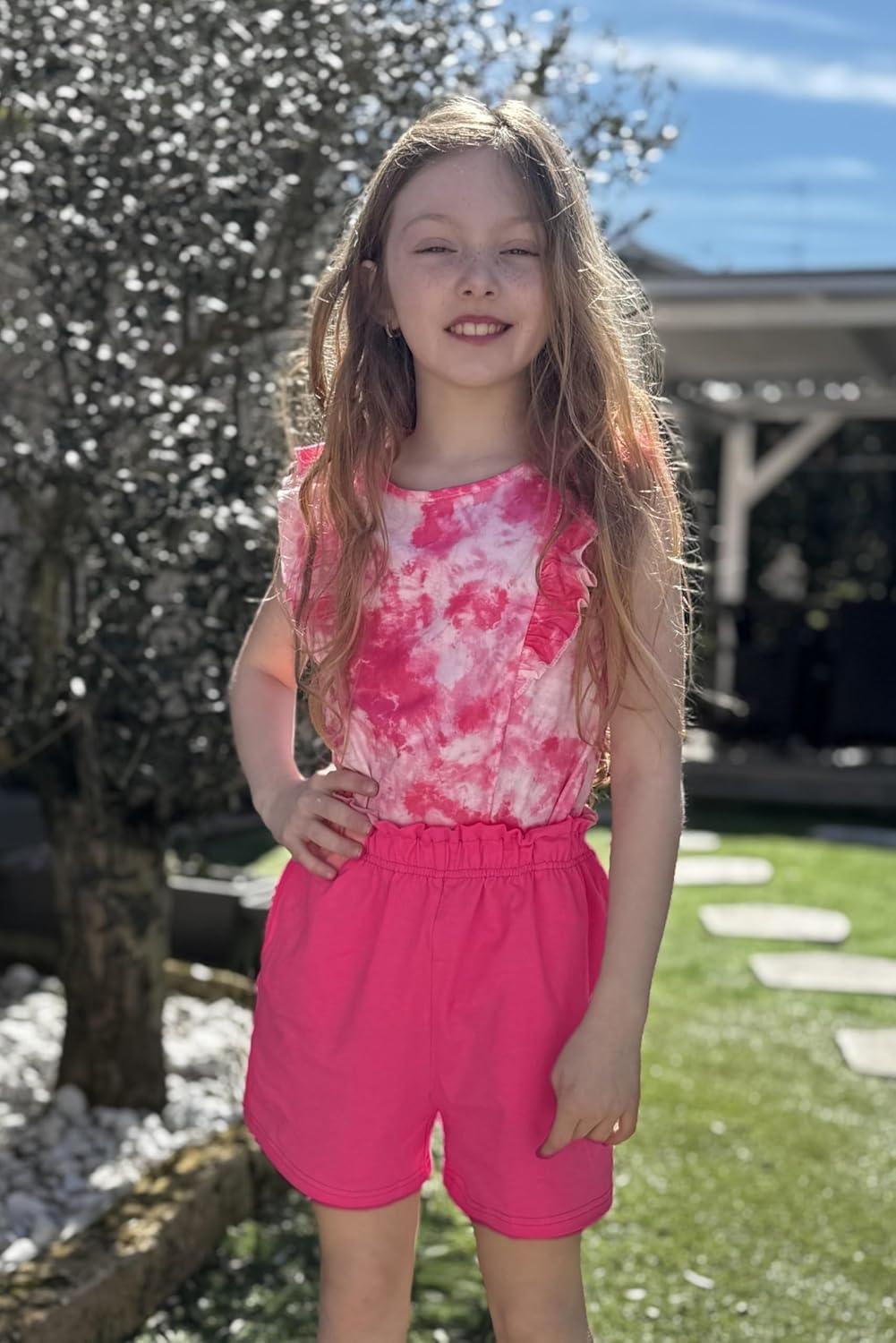 image:imageArshiner Girls Clothes Summer Outfits Ruffle Sleeve Tops and Paperbag Waist Shorts with Pockets Kids Clothing SetTie Dyepink