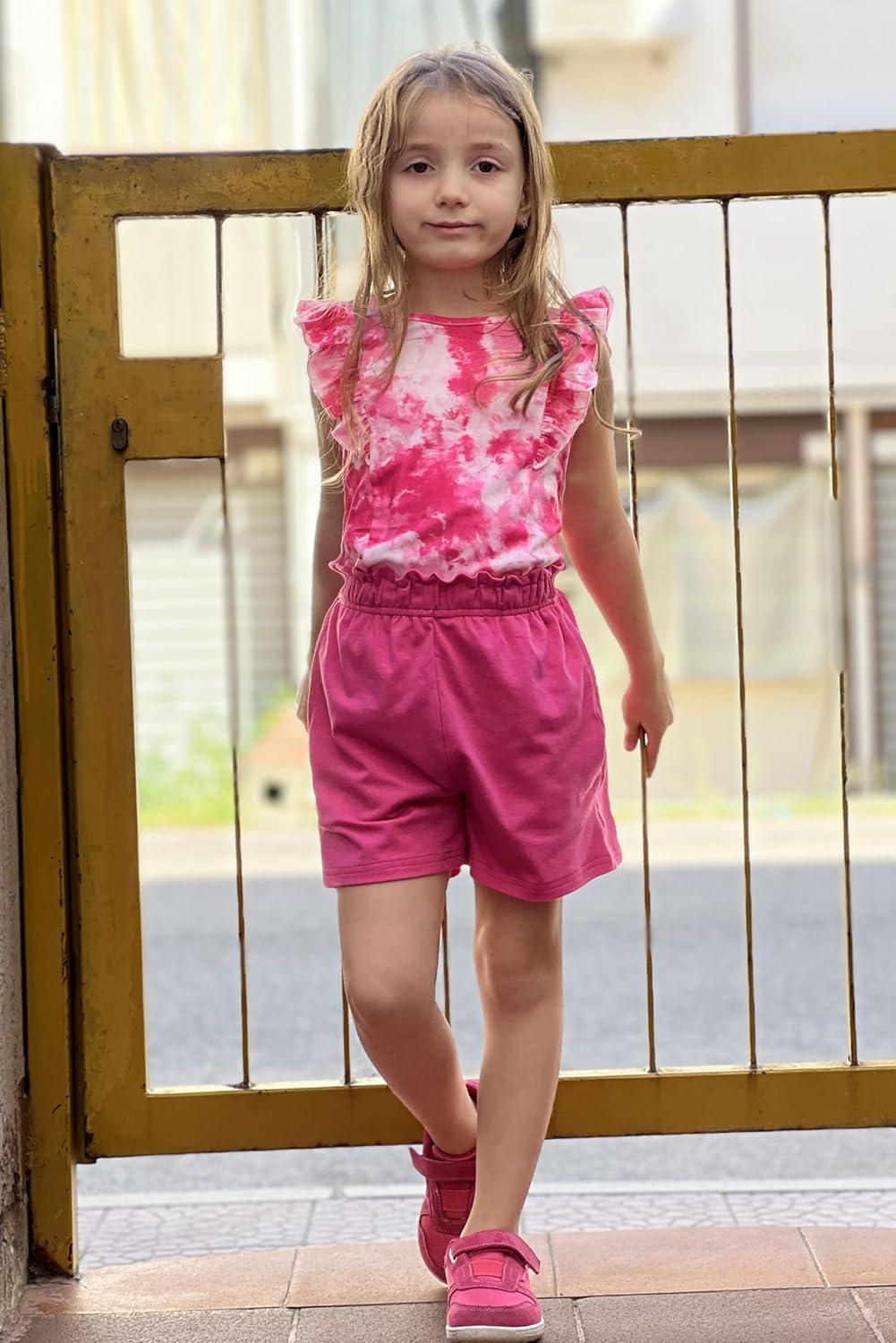 image:imageArshiner Girls Clothes Summer Outfits Ruffle Sleeve Tops and Paperbag Waist Shorts with Pockets Kids Clothing SetTie Dyepink