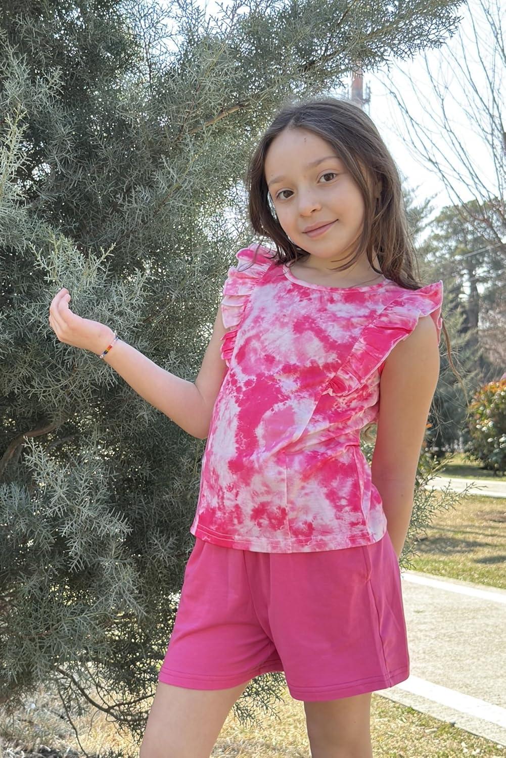 image:imageArshiner Girls Clothes Summer Outfits Ruffle Sleeve Tops and Paperbag Waist Shorts with Pockets Kids Clothing SetTie Dyepink