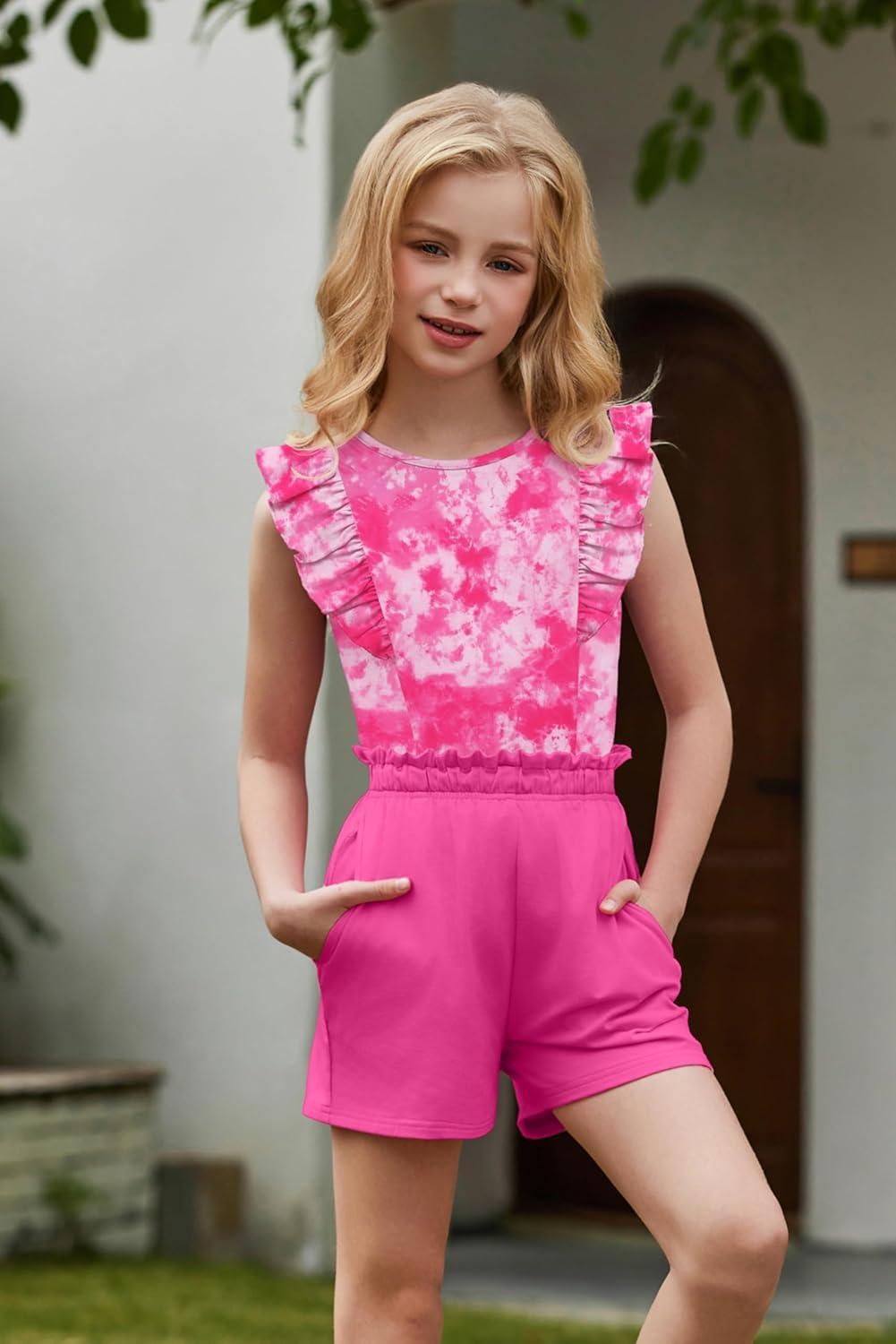 image:imageArshiner Girls Clothes Summer Outfits Ruffle Sleeve Tops and Paperbag Waist Shorts with Pockets Kids Clothing SetTie Dyepink
