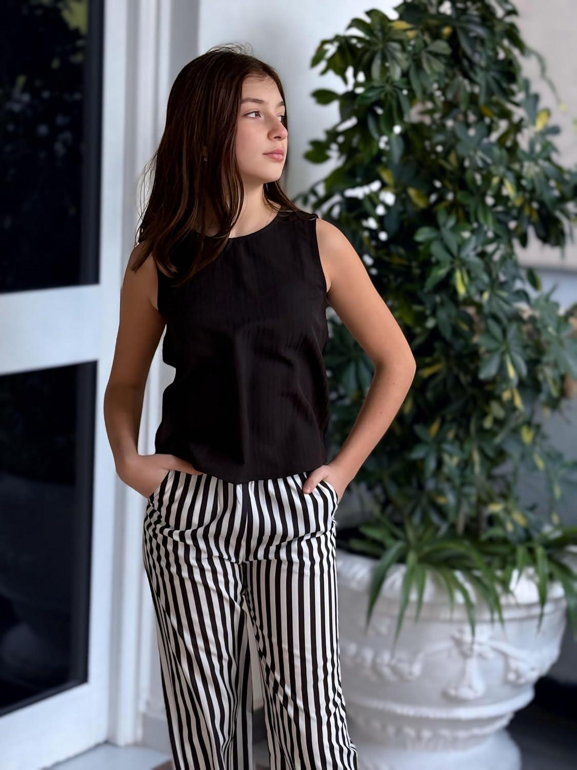 image:imageArshiner Girls Clothing Set Casual Clothes Sleeveless Back Tank Crop Top and WideLeg Pants with Pocket 2 Piece Outfits 513YBlack White