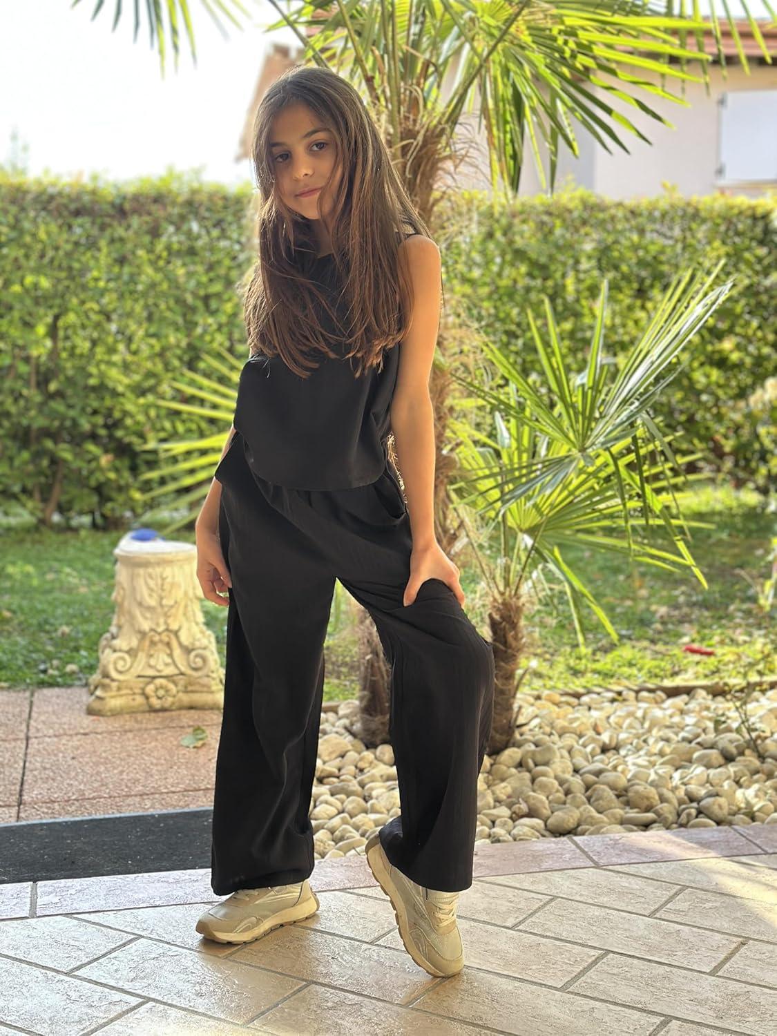 image:imageArshiner Girls Clothing Set Casual Clothes Sleeveless Back Tank Crop Top and WideLeg Pants with Pocket 2 Piece Outfits 513YBlack