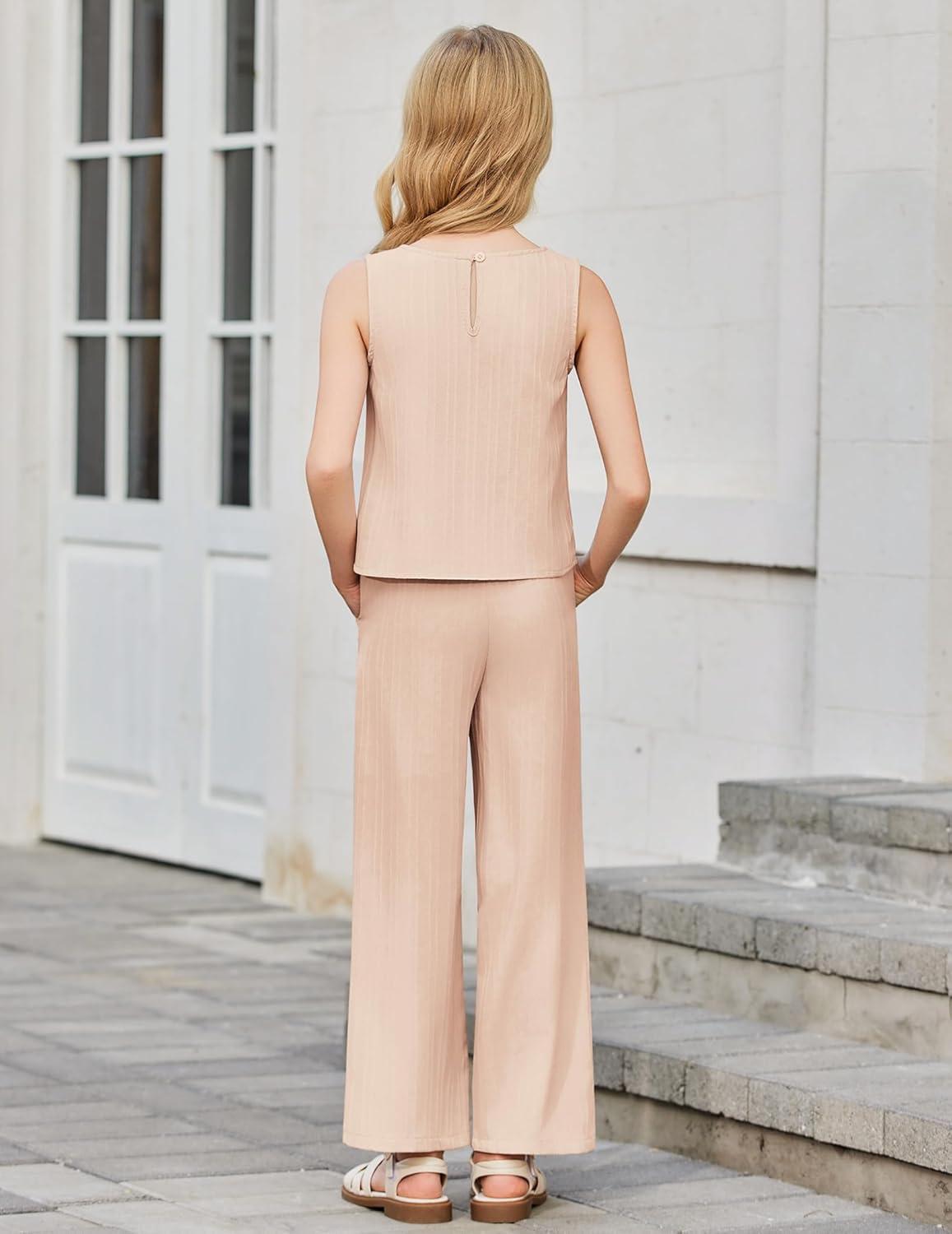 image:imageArshiner Girls Clothing Set Casual Clothes Sleeveless Back Tank Crop Top and WideLeg Pants with Pocket 2 Piece Outfits 513YChampagne