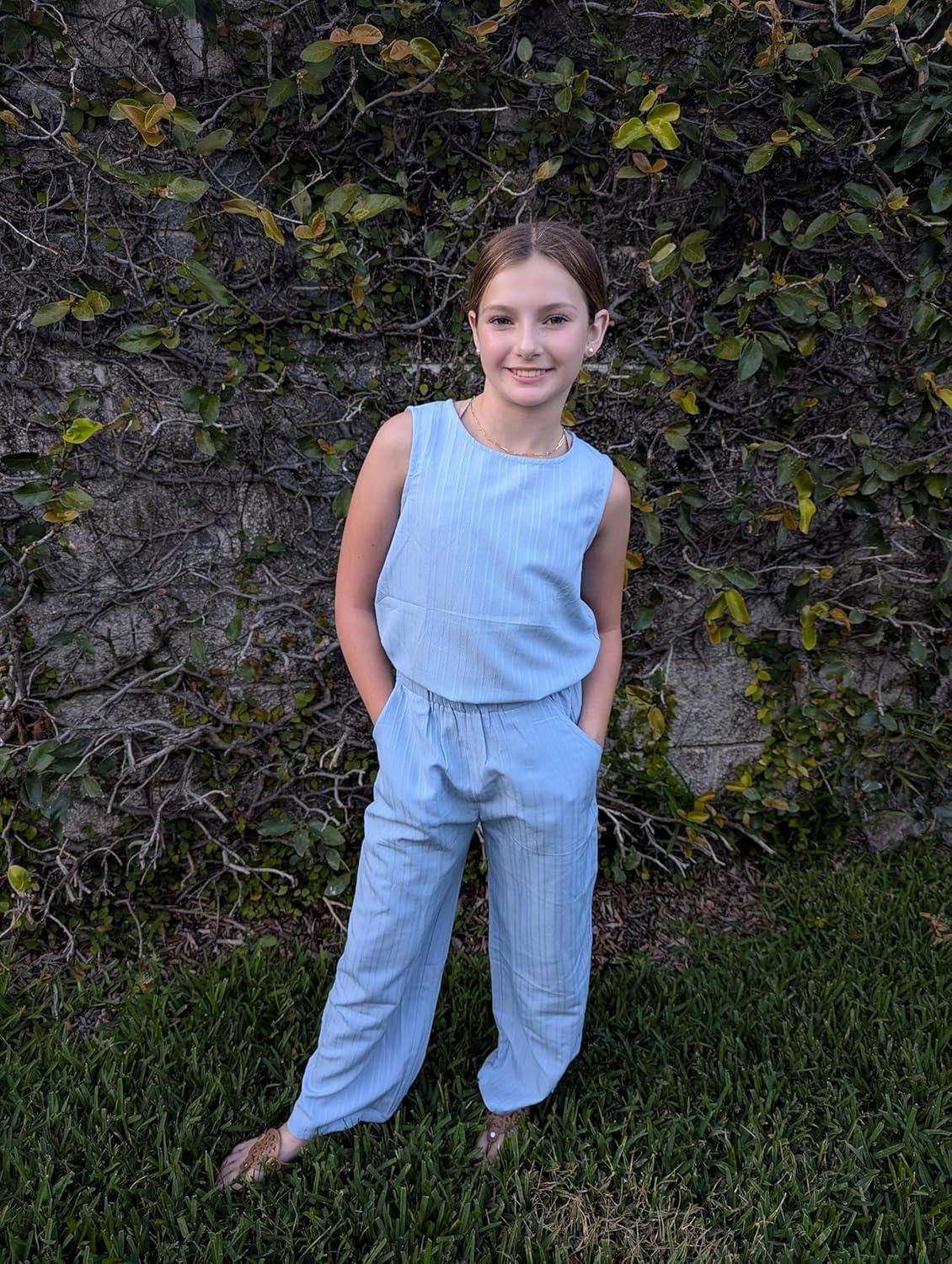 image:imageArshiner Girls Clothing Set Casual Clothes Sleeveless Back Tank Crop Top and WideLeg Pants with Pocket 2 Piece Outfits 513YLight Blue